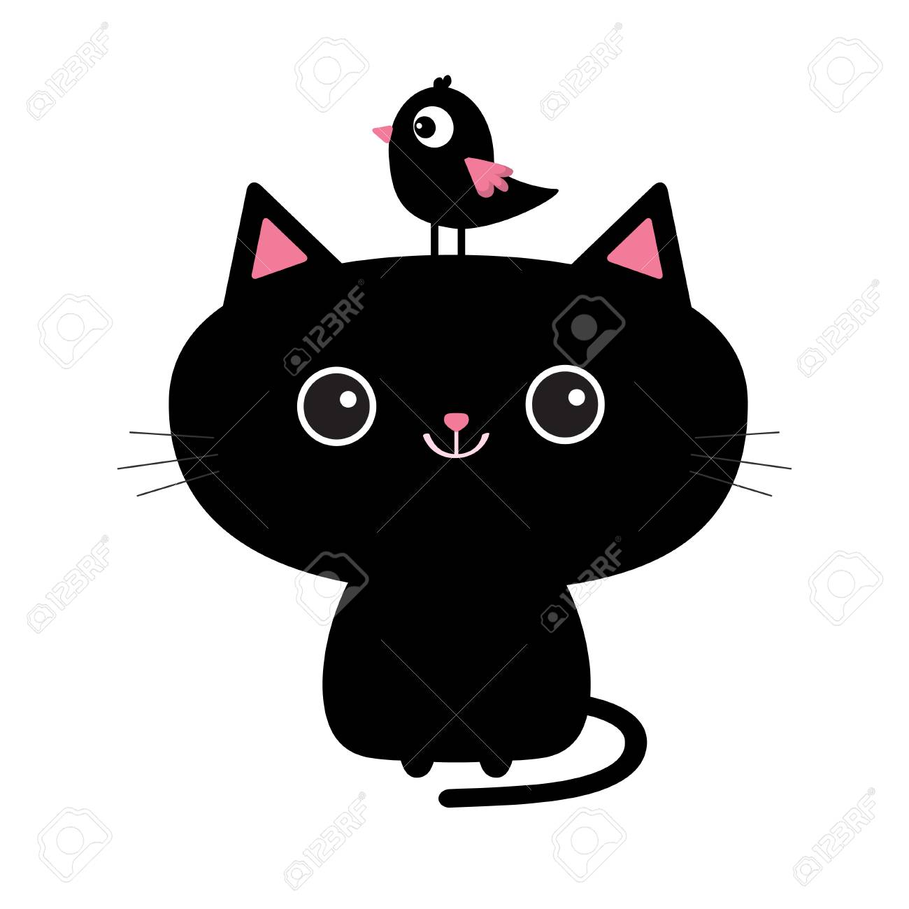 Icone De Chat Noir Mignon Oiseau Assis Sur La Tete Personnage De Dessin Anime Drole Queue Moustache Grands Yeux Clip Art Libres De Droits Vecteurs Et Illustration Image
