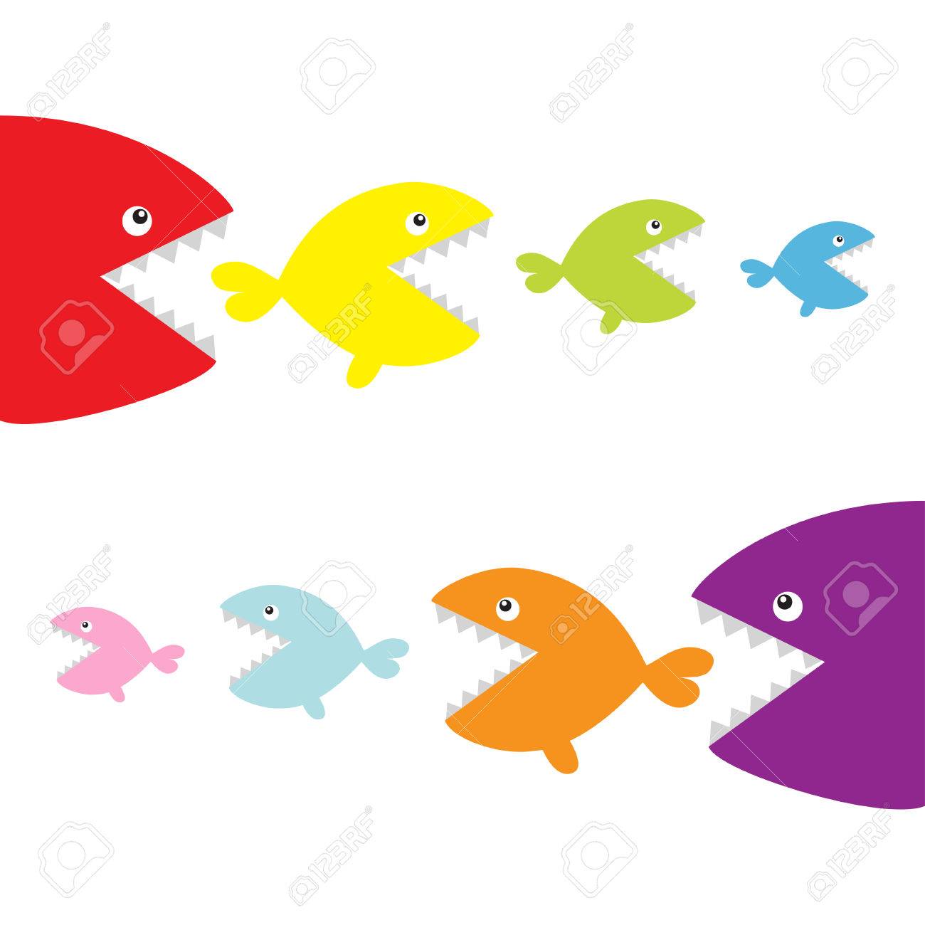 魚は お互いを食べる設定 食物連鎖 かわいいカラフルなキャラクター 赤ちゃんキッズ コレクションです 白い背景 分離されました フラットなデザイン ベクトル図 のイラスト素材 ベクタ Image