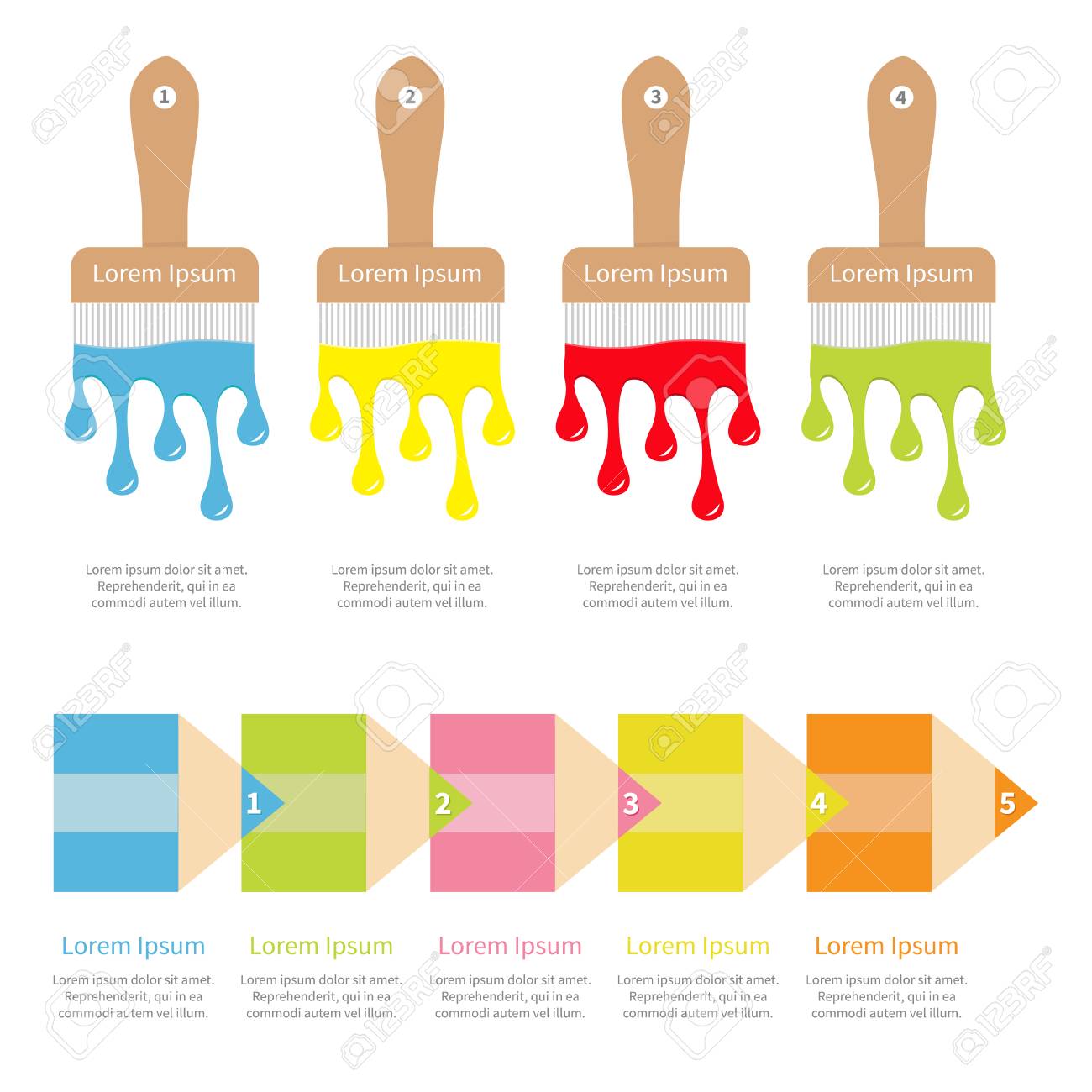 four five step timeline infographic template set paintbrush