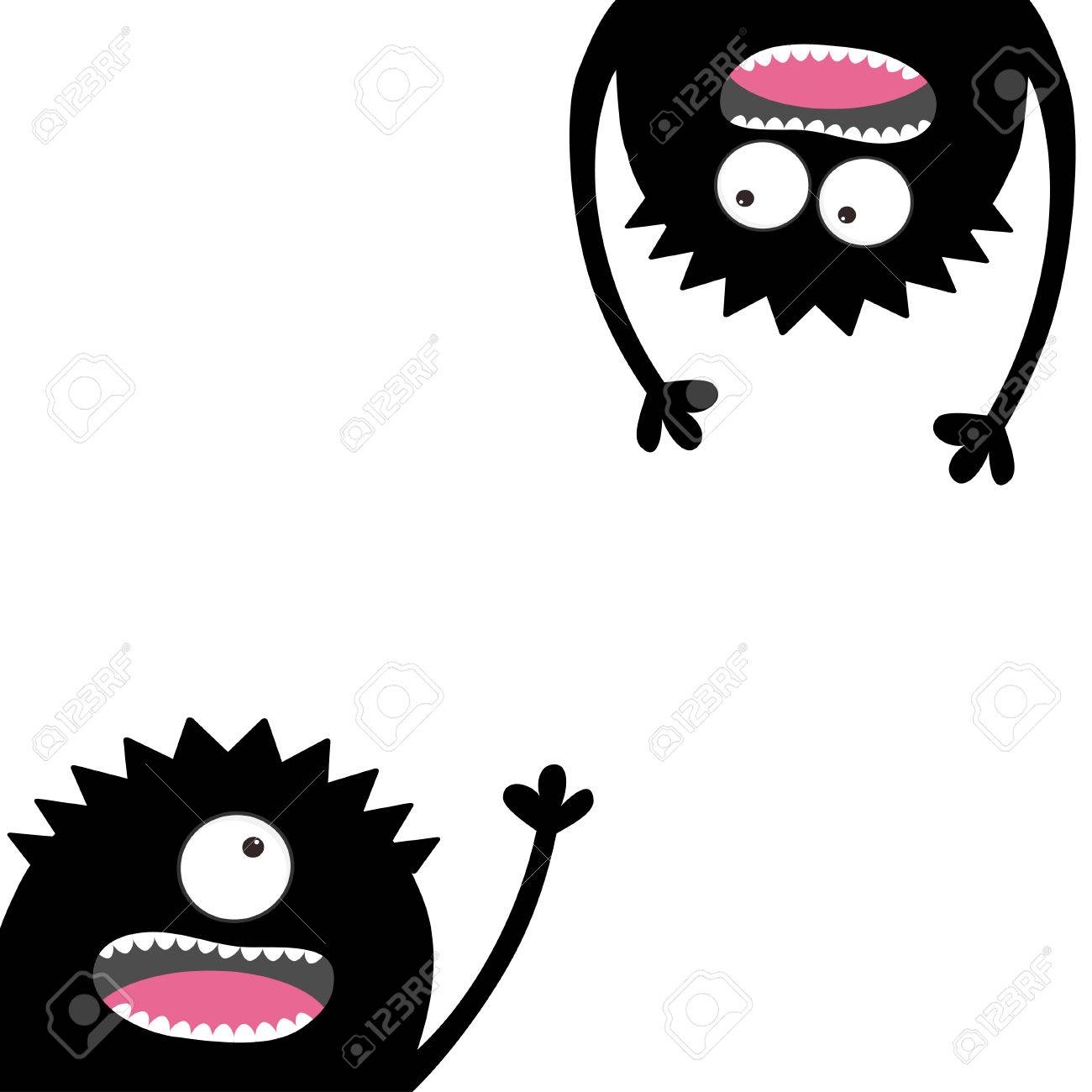 Deux Monstres Hurlants Silhouette De Tete Yeux Dents Langue Mains La Tete En Bas Black Funny Cute Cartoon Character Collection De Bebe Joyeux Halloween Design Plat Fond Blanc Vecteur Clip Art Libres