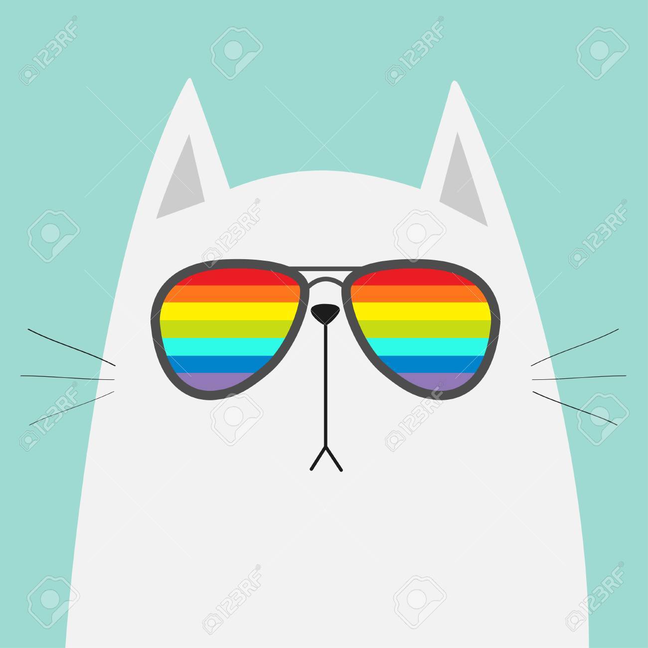 サングラス眼鏡を身に着けている白い猫 虹色のレンズ Lgbt の記号 かわいい漫画の面白いキャラクター 眼鏡の子猫 ファッション動物 青色の背景色 分離されました フラットなデザイン ベクトル のイラスト素材 ベクタ Image