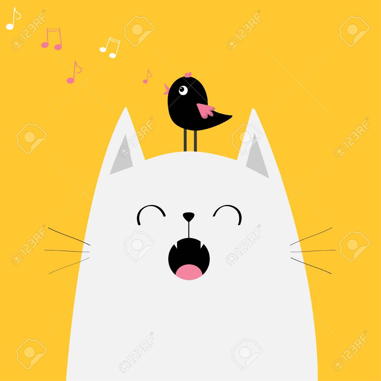 Silhouette De Visage De Chat Blanc Miaulant Chant Oiseau Sur La Tête Note De Musique En Vol Personnage Drôle De Dessin Animé Mignon Kawaii Animal