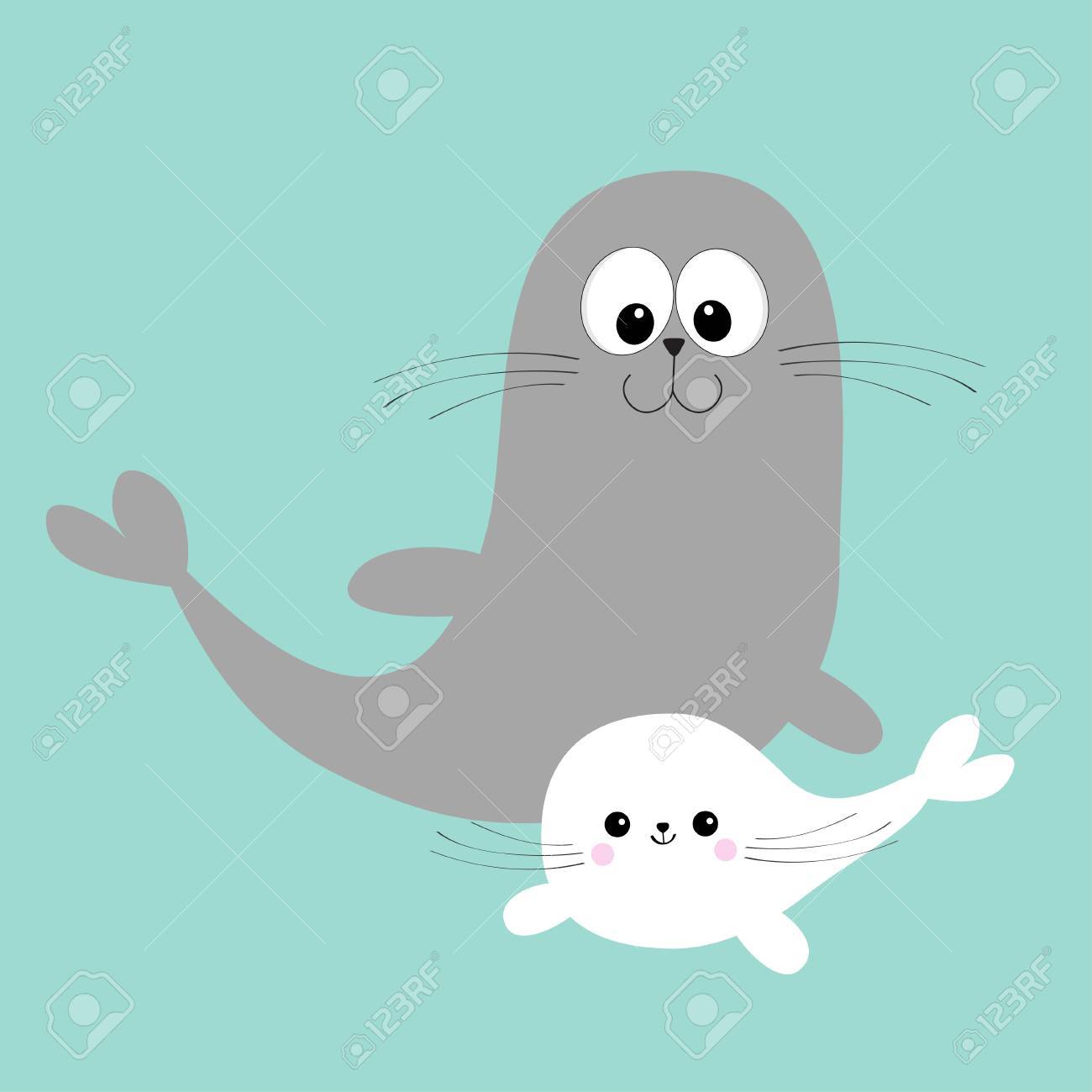Leon Marino Cachorro De Foca De Arpa Personaje De Dibujos Animados Lindo Feliz Coleccion De Animales Mar Agua Del Mar Familia De La Madre Y Del Bebe Fondo Azul Diseno Plano Ilustracion