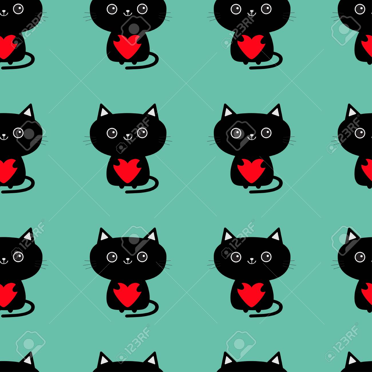 シームレス パターン 赤いハートを持ったかわいい黒い猫 面白い漫画の動物キャラクター キティの子猫 赤ちゃんペット コレクション 包装紙 繊維のテンプレート 青色の背景色 分離されました フラットなデザイン ベクトルのイラスト素材 ベクタ Image 8495