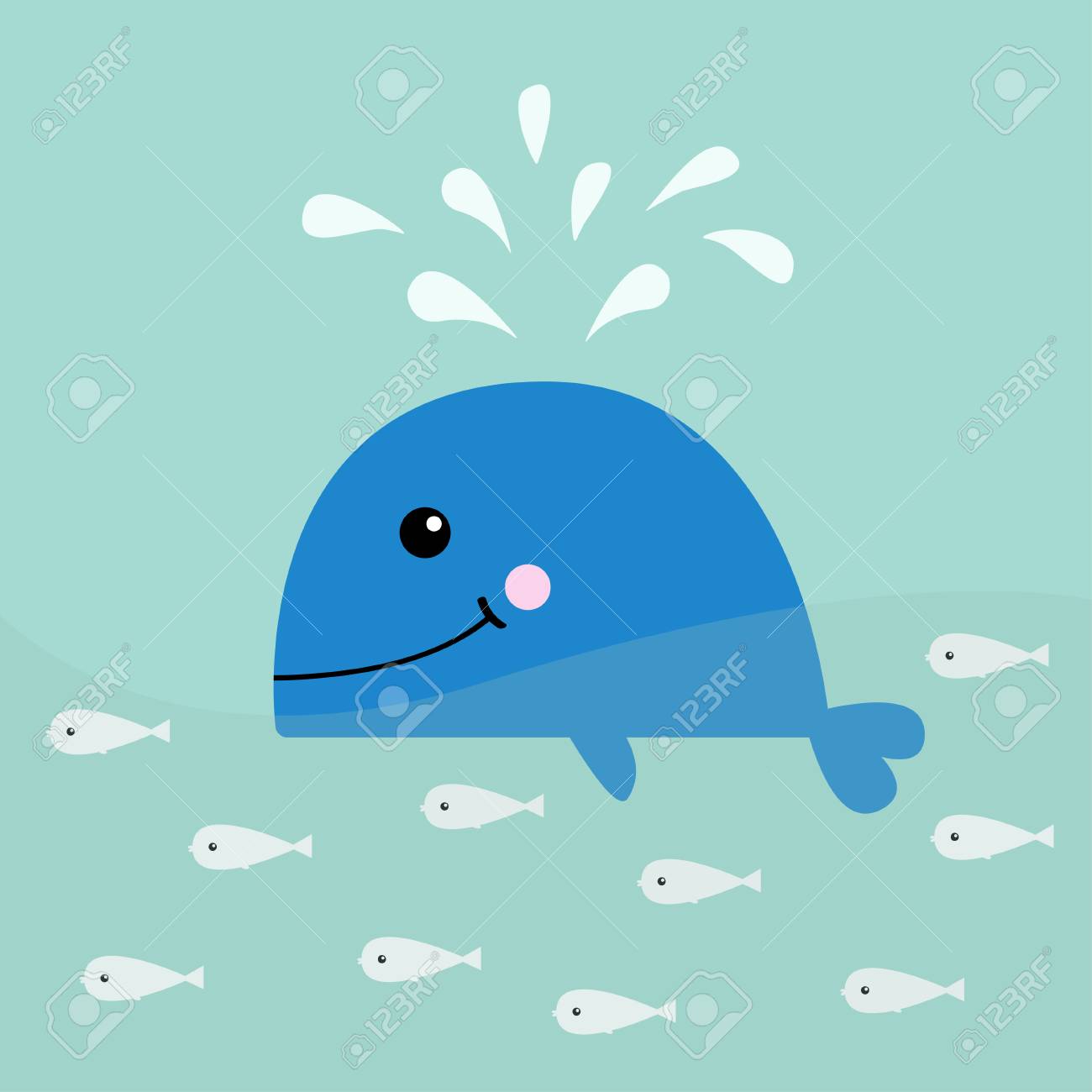 Baleine Bleue Avec Fontaine Banc De Poisson Hareng La Vie En Mer Personnage De Dessin Anime Mignon Yeux Queue Nageoire Visage Souriant Collection D Animaux Bebe Kids Design Plat Fond Vecteur D Eau Clip