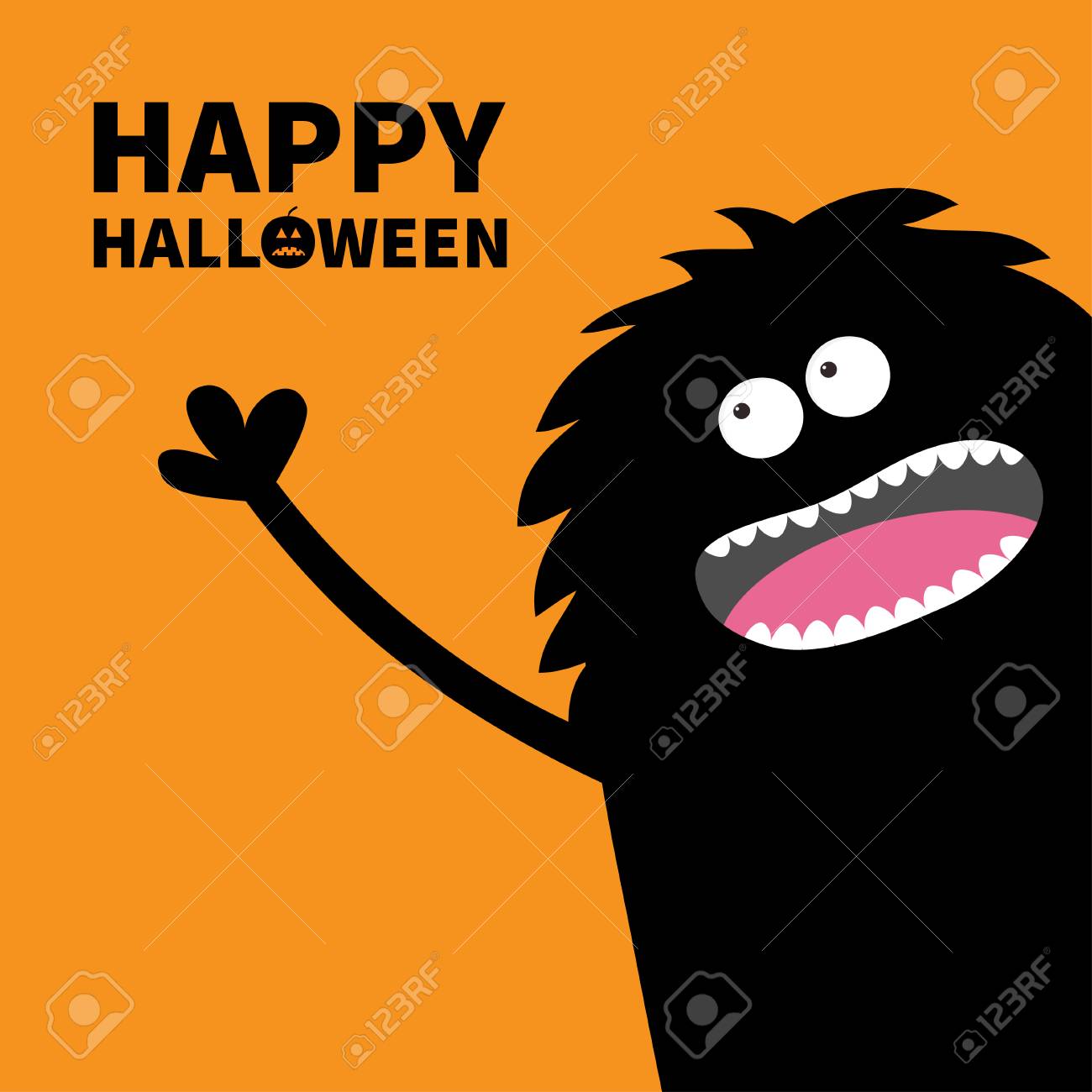 Crier La Silhouette De Monstre Dans Le Coin En Levant Noir Drole Personnage Mignon De Bebe De Bande Dessinee Les Yeux Les Dents La Langue Les Mains Effrayantes Heureux Texte De Citrouille