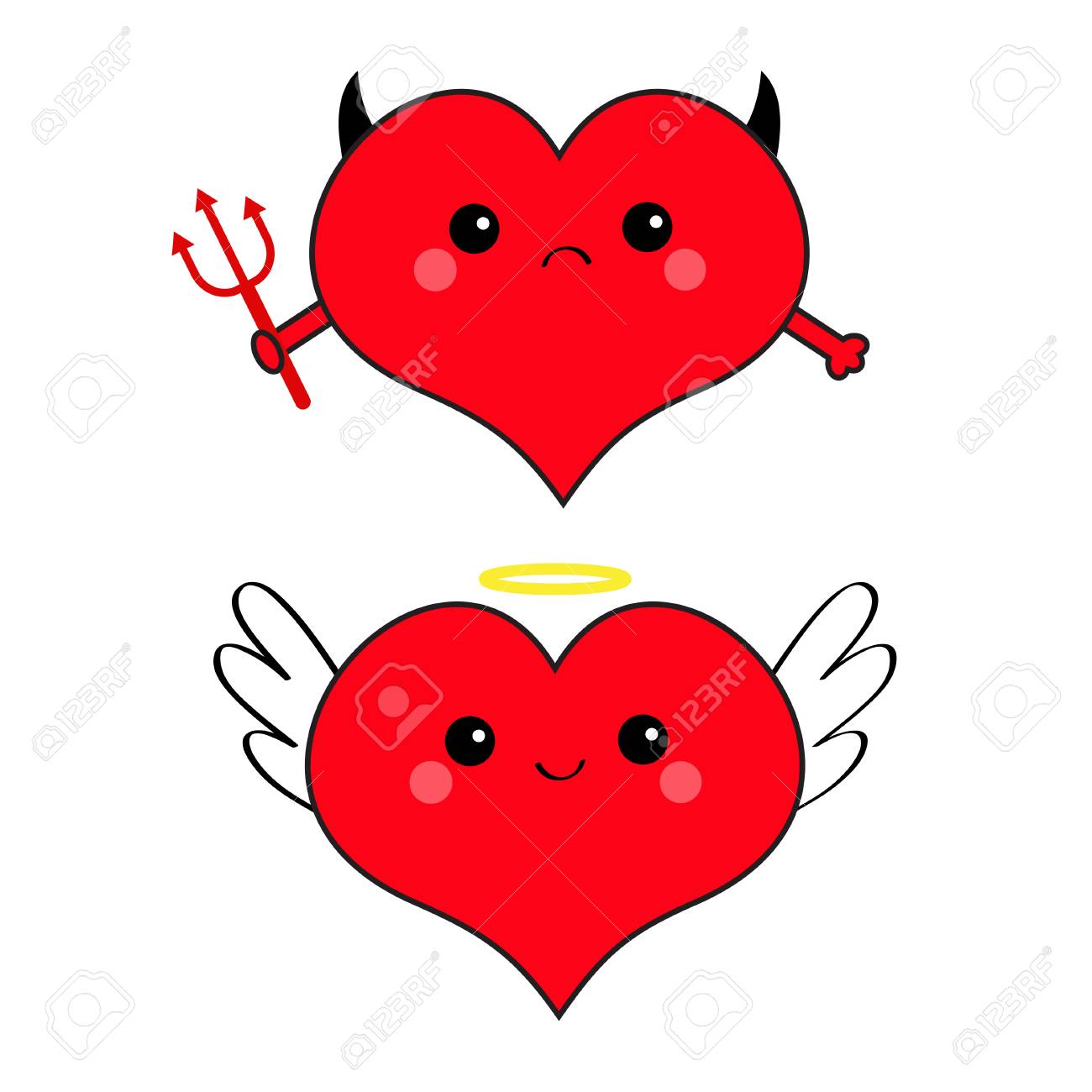 赤いハートの顔頭のアイコンを設定 悪魔天使悪情事 トライデント角翼ニンバス かわいい漫画のキャラクター 幸せなバレンタインデー輪郭のシンボル フラットなデザイン グリーティング カード 白い背景 ベクトル のイラスト素材 ベクタ Image