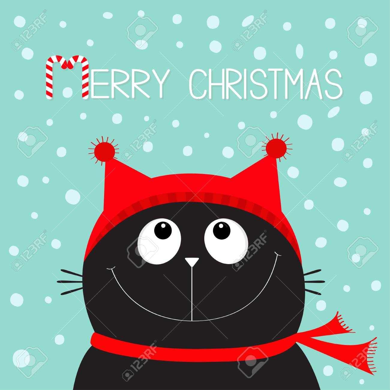 Merry Christmas candy cane text. Black Cat kitten head face looking..