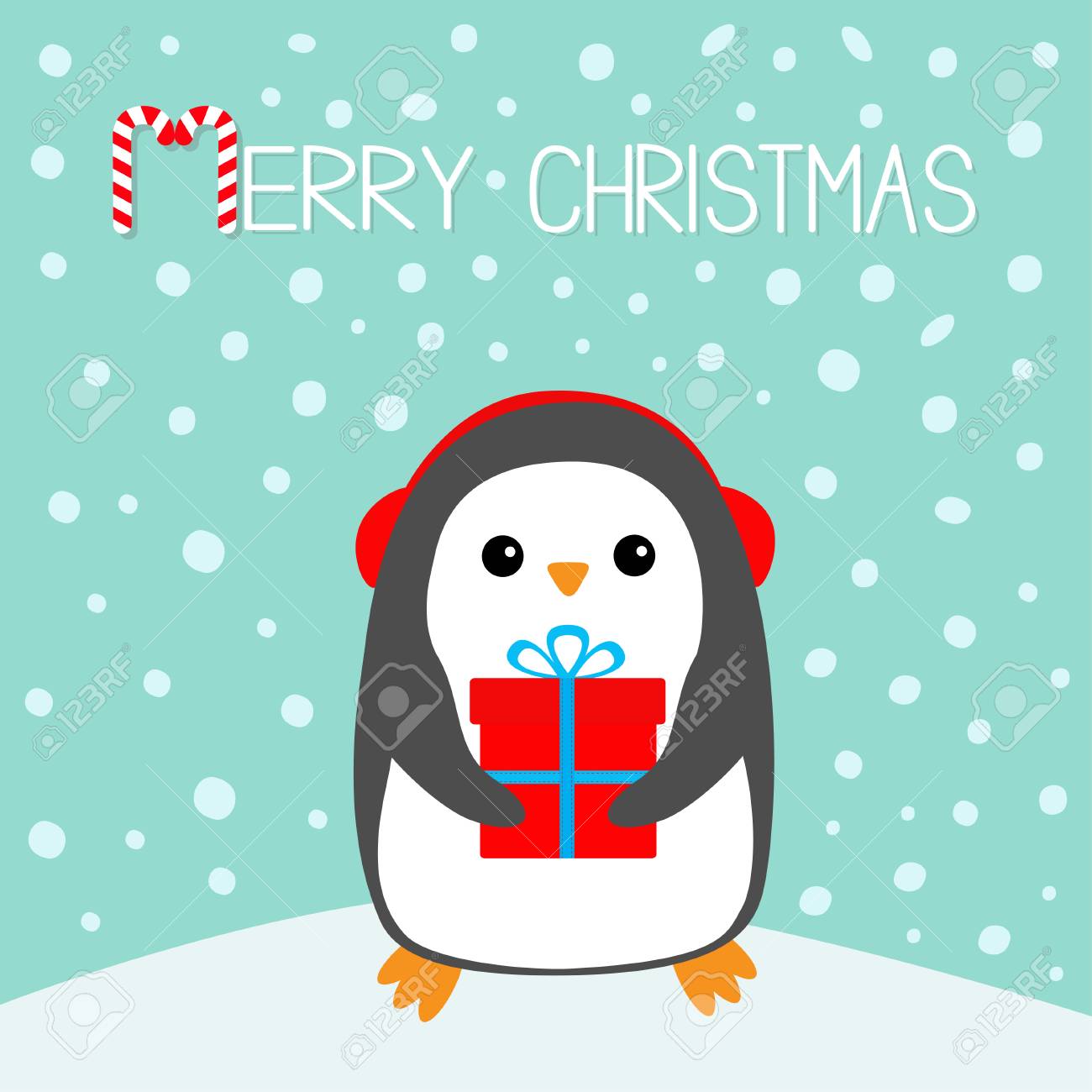 メリー クリスマス キャンデー杖 ペンギンの雪の吹きだまり ヘッドフォン イヤホン帽子 ギフト ボックス かわいい漫画かわいい面白い動物キャラクター フラットなデザイン 冬の青い雪の背景 グリーティング カード ベクトルのイラスト素材 ベクタ Image