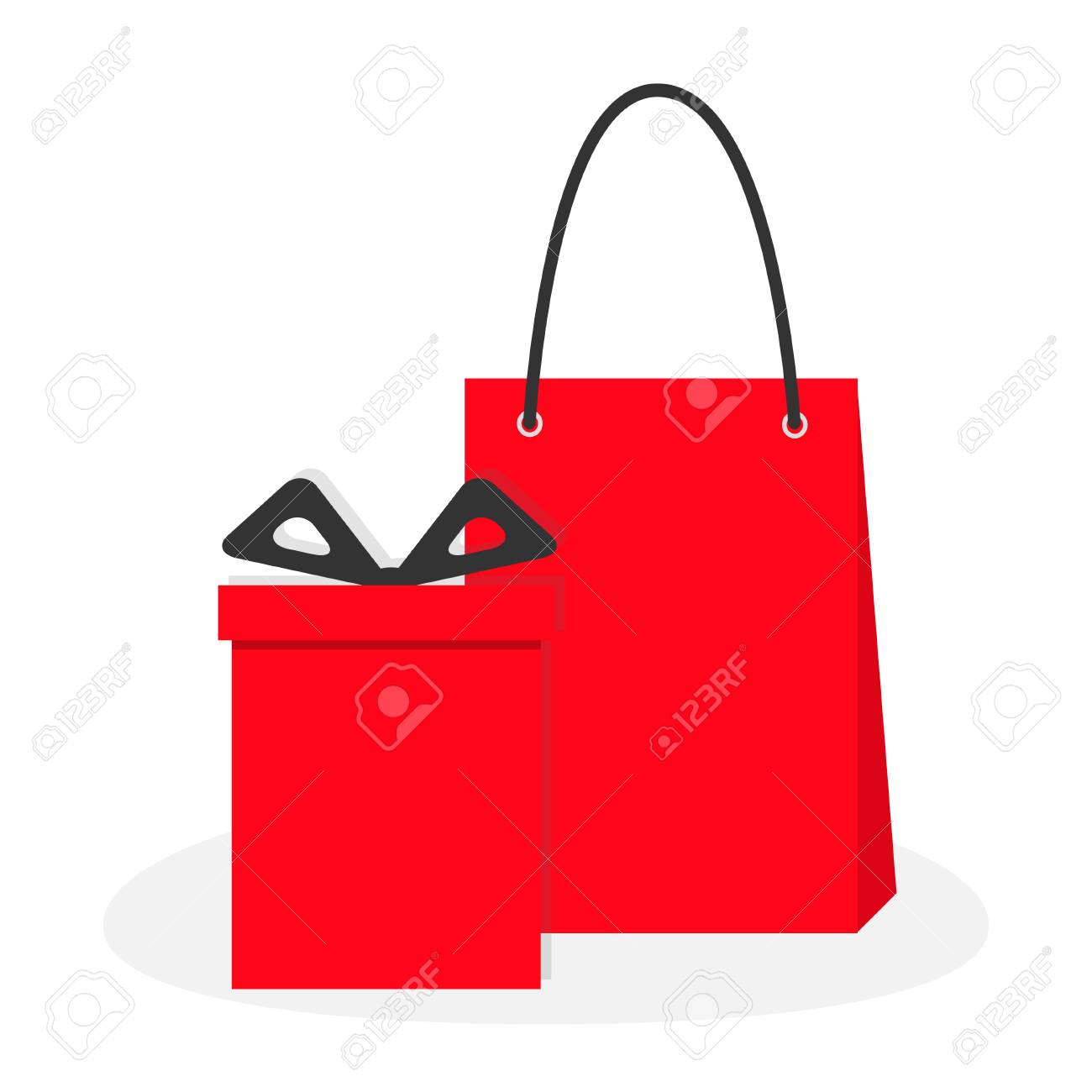 リボンの弓 紙のショッピングバッグが付いている赤いギフトボックス ギフトボックスプレゼントセット メリークリスマスセールサインシンボル かわいい 漫画のオブジェクト 白い背景 分離 フラットデザイングリーティングカードベクトルイラスト のイラスト素材