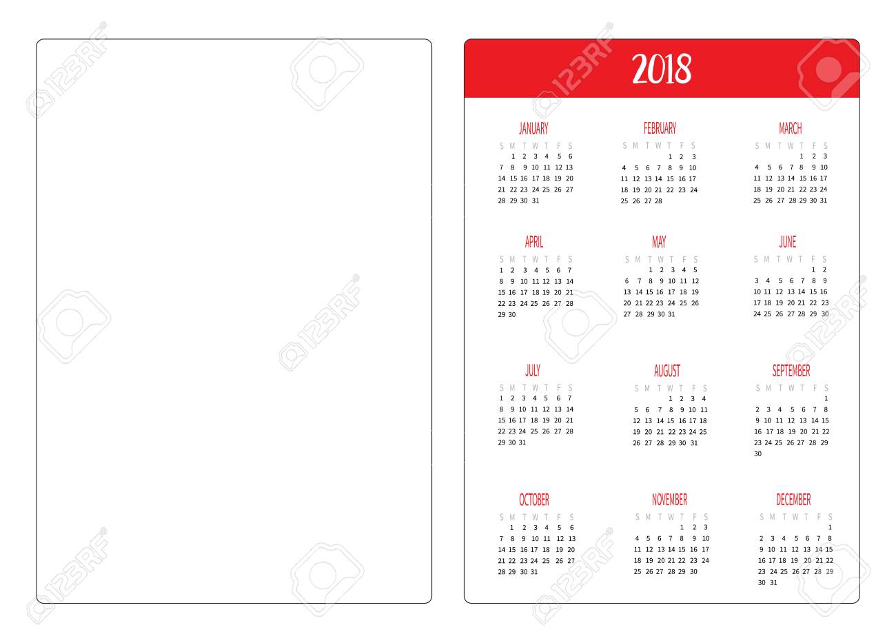 Simple Pocket Calendar Layout 2018 New Year Template. Week Starts Sunday.  Vertical Orientation. Flat Design. White Background. Isolated. Vector  Illustration Royalty Free SVG, Cliparts, Vectors, and Stock Illustration.  Image 91665886., image size:1300x920