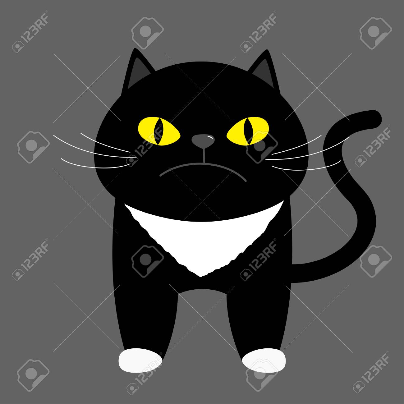 Chat Chaton Noir Aux Yeux Jaunes Personnage Drole De Dessin Anime Mignon Kawaii Animal Visage Avec Moustaches Nez Oreilles Queue Patte Blanche Aime Les Animaux Design Plat Fond Gris Illustration Vectorielle Clip