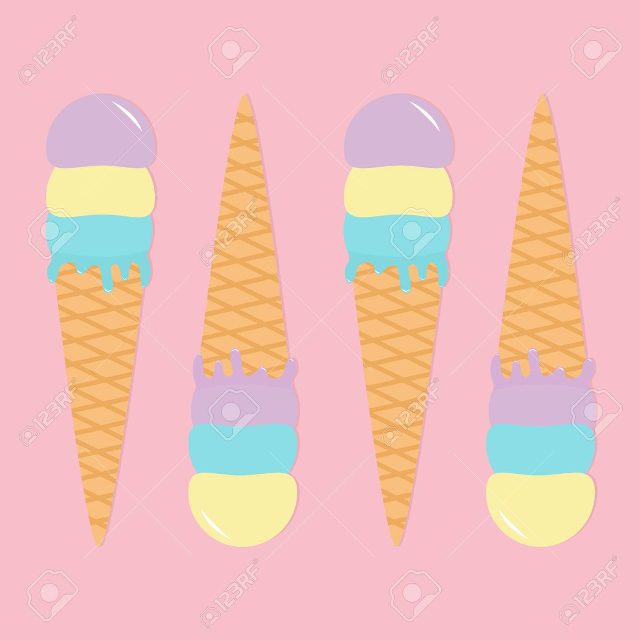 アイスクリームウエハーコーンアイコンセット パステルカラー こんにちは夏の時間 かわいいアイスクリームパターン かわいい漫画の食べ物 フラットデザインの横 イエローブルーの紫色 ピンクの表面の背景 溶けた滴 ベクトル のイラスト素材 ベクタ Image アイスクリームウエハーコーンアイコンセット パステルカラー こんにちは夏の時間 かわいいアイスクリームパターン かわいい漫画の食べ物 フラットデザインの横 イエローブルーの紫色 ピンクの表面の背景 溶けた滴 ベクトル のイラスト素材 ベクタ Image