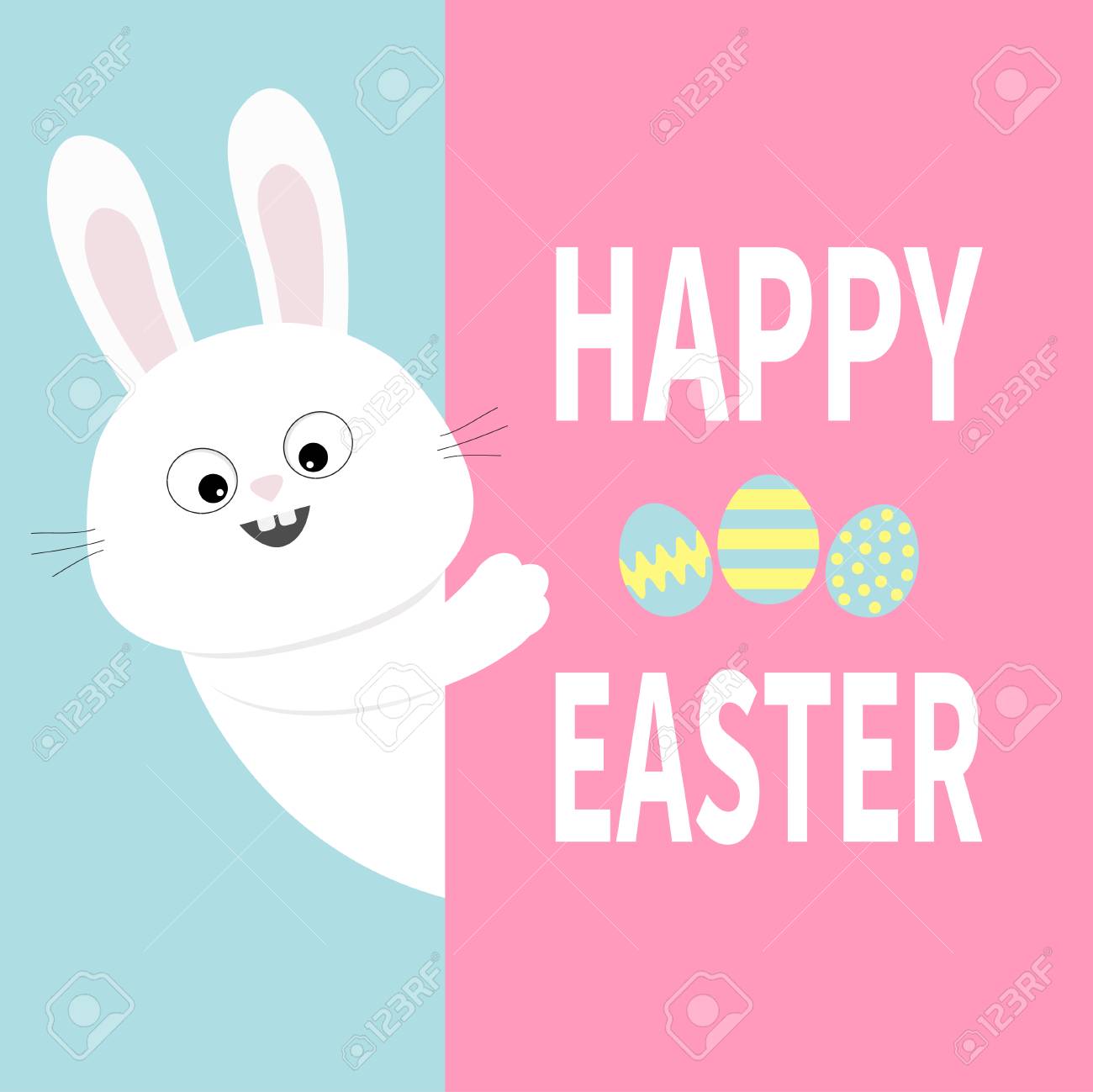 大きな看板を持つ白いウサギ 紙の後ろに隠れてかわいい漫画面白い動物 ハッピーイースター 文字のテキスト 卵を描く フラットなデザイン タイポグラフィ印刷パステル背景 ベクトルイラスト のイラスト素材 ベクタ Image