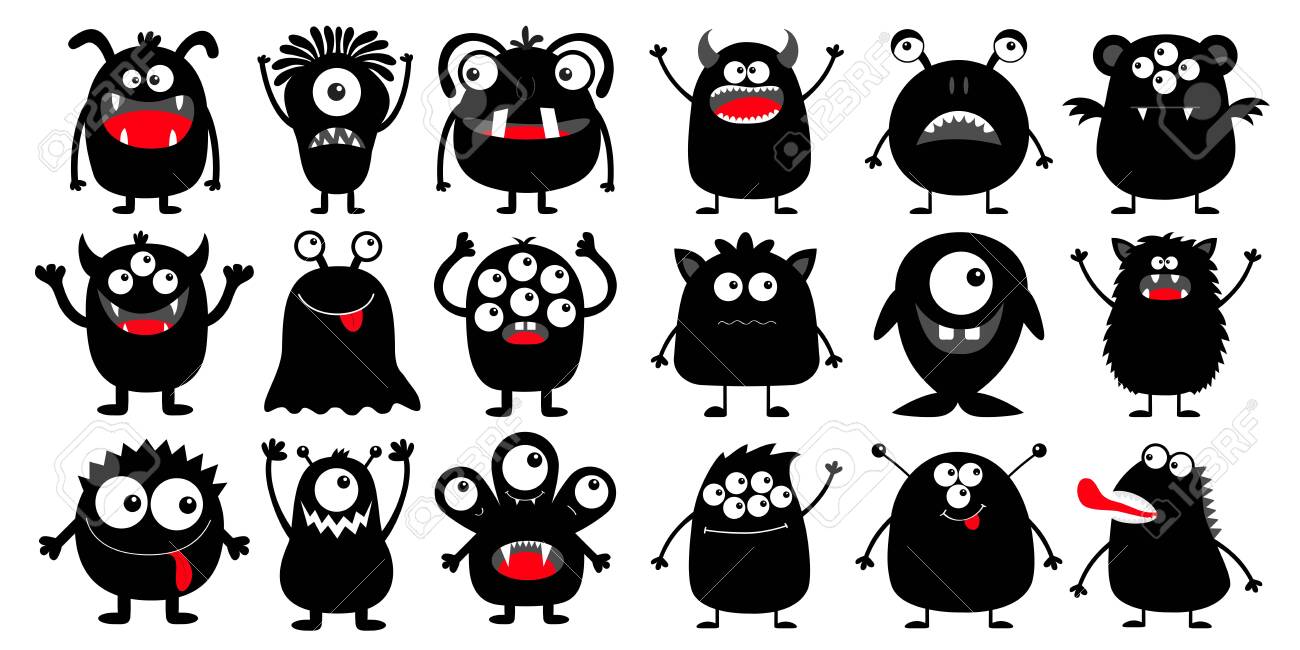 Monster Black Silhouette Super Big Icon Set. Happy Halloween. Eyes, Tongue,  Tooth Fang, Hands Up. Cute Cartoon Kawaii Scary Funny Baby Character. White  Background. Flat Design. Vector Illustration Royalty Free SVG, Cliparts,, image size:1300x650