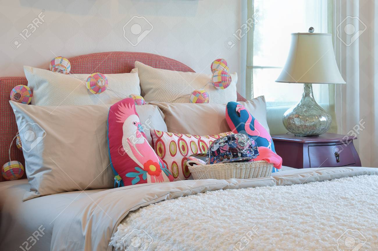 Colorful Pillows And Bedside Table Lamp In Modern Kid Bedroom Stock Photo Picture And Royalty Free Image Image 54663278