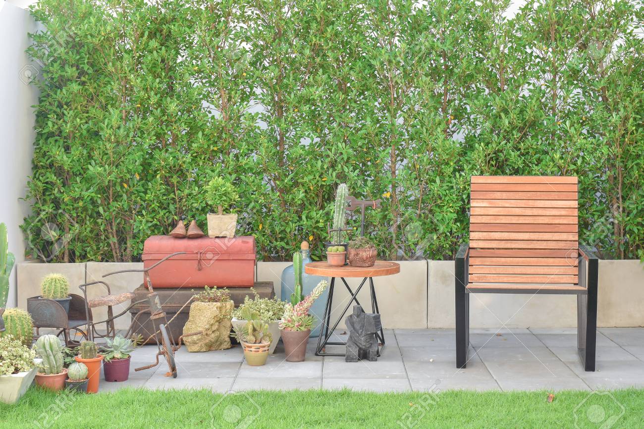 Wooden Chair At Outdoor Space With Plants And Cactus Stock Photo Picture And Royalty Free Image Image 54663220