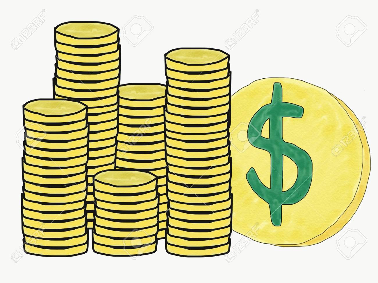 Main Abstraite Dessiner Doodle Pile Du Logo De Pieces D Argent Dollar Isoler Illustration Espace De Copie Pour Le Texte Style De Peinture Aquarelle Style De Livre De Dessin Anime Pour Enfants Banque