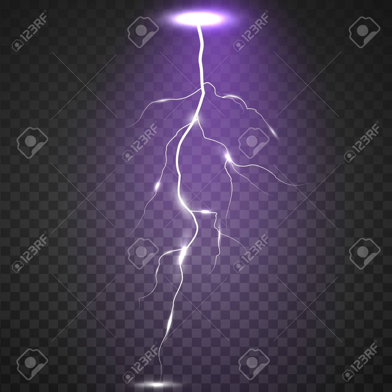 チェッカーの背景に現実的な稲妻 透明な背景に明るい 電気と魔法の効果 ベクトルイラストレーション のイラスト素材 ベクタ Image