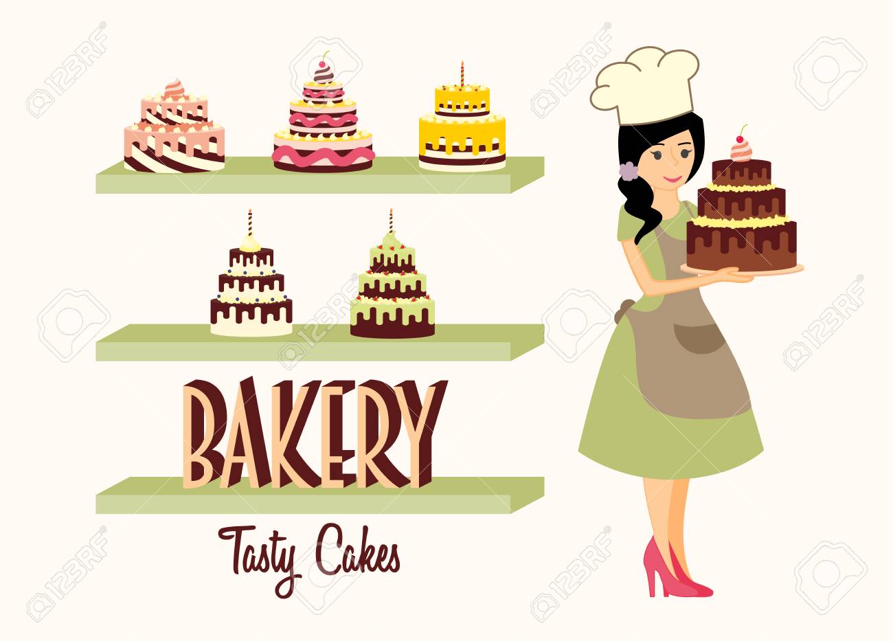 女性キャラクターのデザイン コンセプト かわいい女の子や若い女性パン屋おいしいケーキを保持 のイラスト素材 ベクタ Image 6938