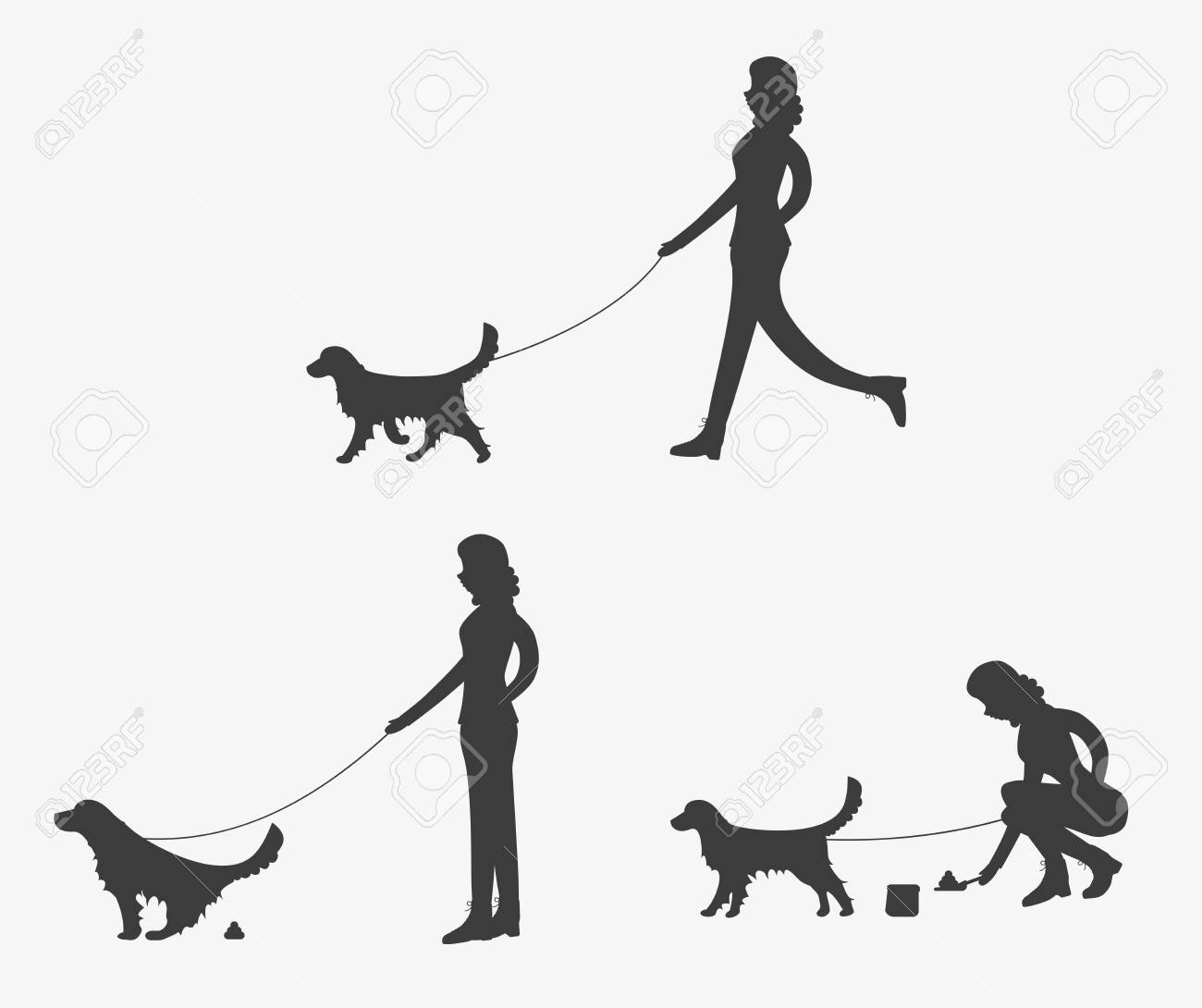 Silhueta De Mulher Caminhando Com Um Cachorro Golden Retriever Esta Cedo A Menina Esta Limpando Depois De Um Cachorro Conjunto De Ilustracoes Vetoriais Ilustraciones Vectoriales Clip Art Vectorizado Libre De Derechos Image