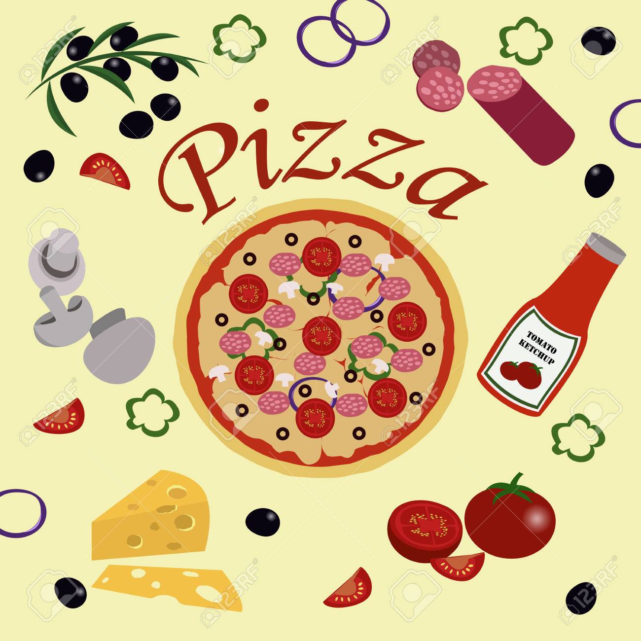 the image of pizza with ingridients from which it consist royalty