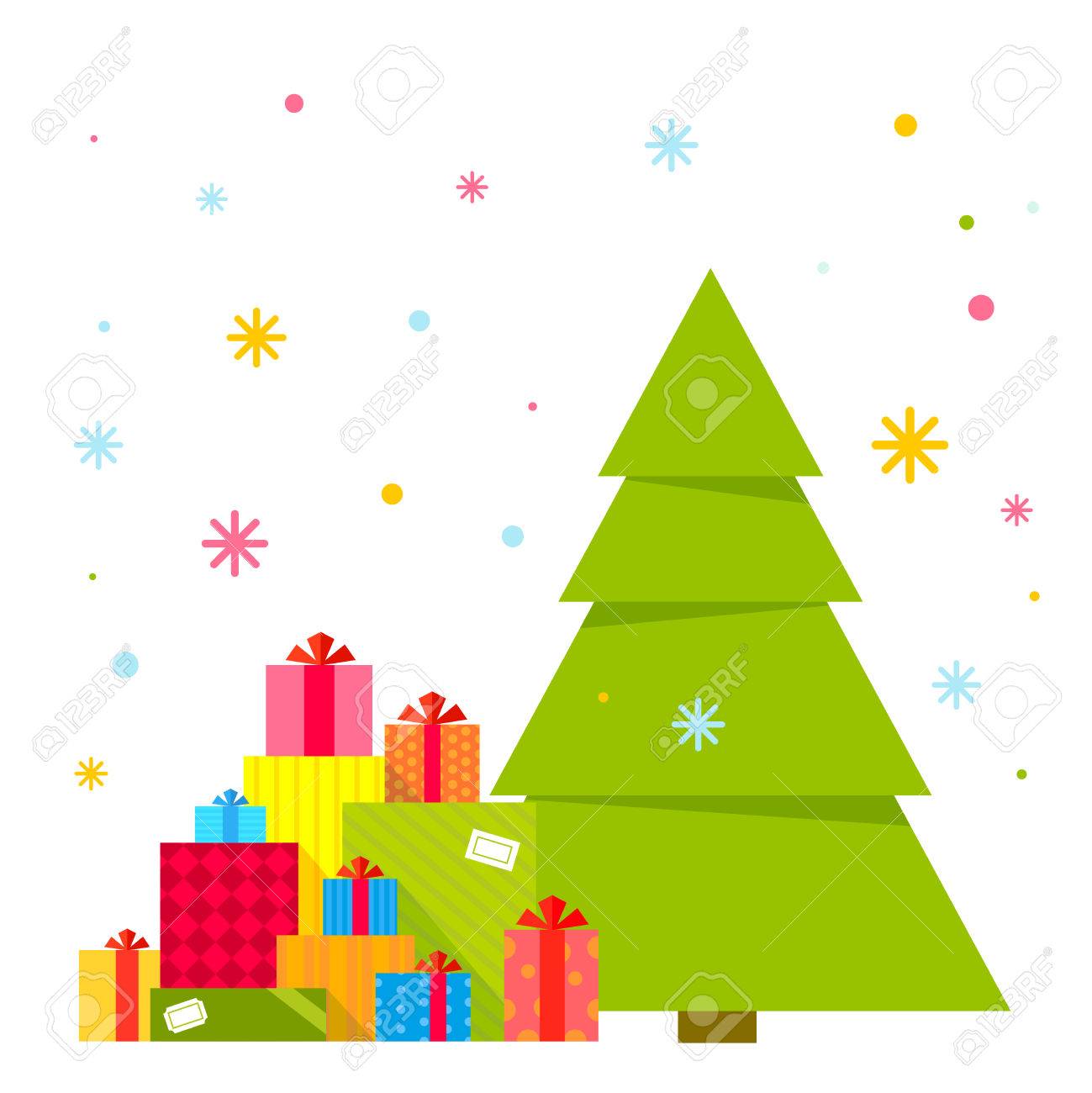 Ilustración Del Vector Del árbol De Navidad Y Montones De Regalos Debajo De  Ella Sobre Un Fondo De Los Copos De Nieve De Colores. Diseño Plano  Brillante En Color Para La Tarjeta,