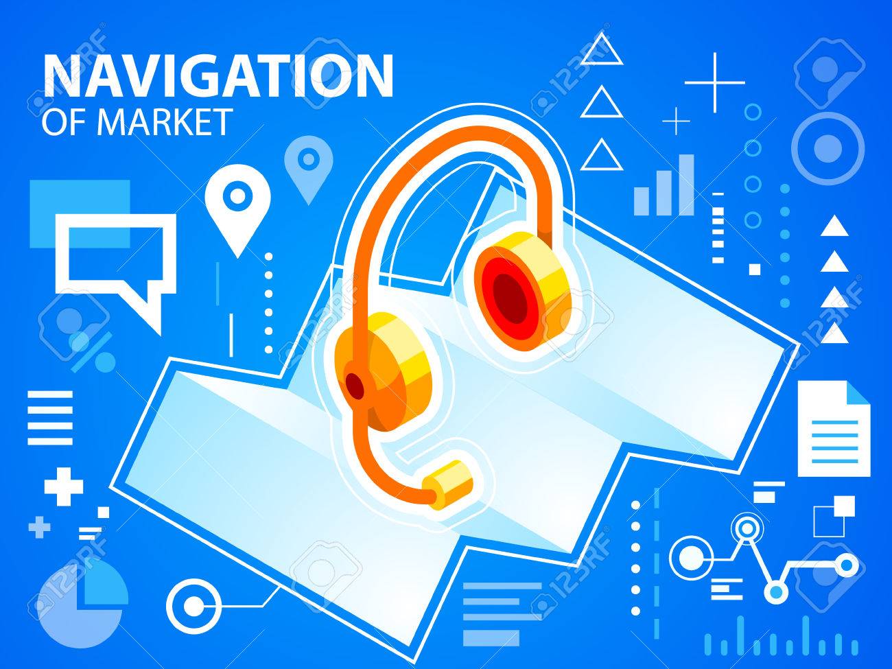 バナー Web サイト 青の背景にベクトル明るいイラスト ナビゲーション マップと頭電話デザイン 広告 印刷 ポスター Eps 10 のイラスト素材 ベクタ Image