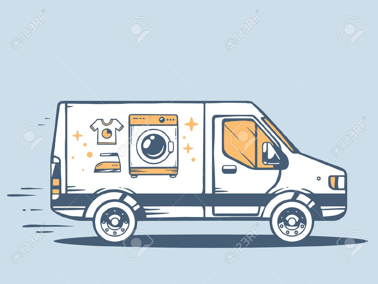 Vector illustration of van free and fast delivering washing machine to customer on blue background. Line art design for web, site, advertising, banner, poster, board and print. - 33612374 Vector illustration of van free and fast delivering washing machine to customer on blue background. Line art design for web, site, advertising, banner, poster, board and print. - 33612374