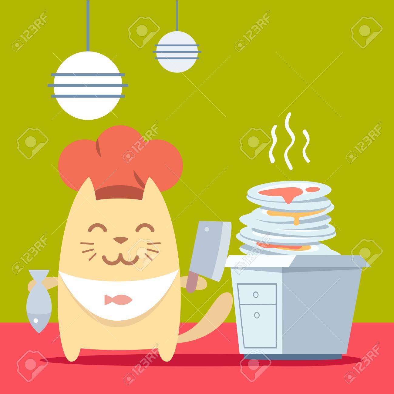 Chef Caractere Dans Chapeau Plat Colore D Un Chef Chat Male Se Trouve Dans La Cuisine Pres D Une Pile D Assiettes Sales Tenant Un Couteau De Cuisinier Et Poissons Clip Art Libres De Droits Chef Caractere Dans Chapeau Plat Colore D Un Chef Chat Male Se Trouve Dans La Cuisine Pres D Une Pile D Assiettes Sales Tenant Un Couteau De Cuisinier Et Poissons Clip Art Libres De Droits
