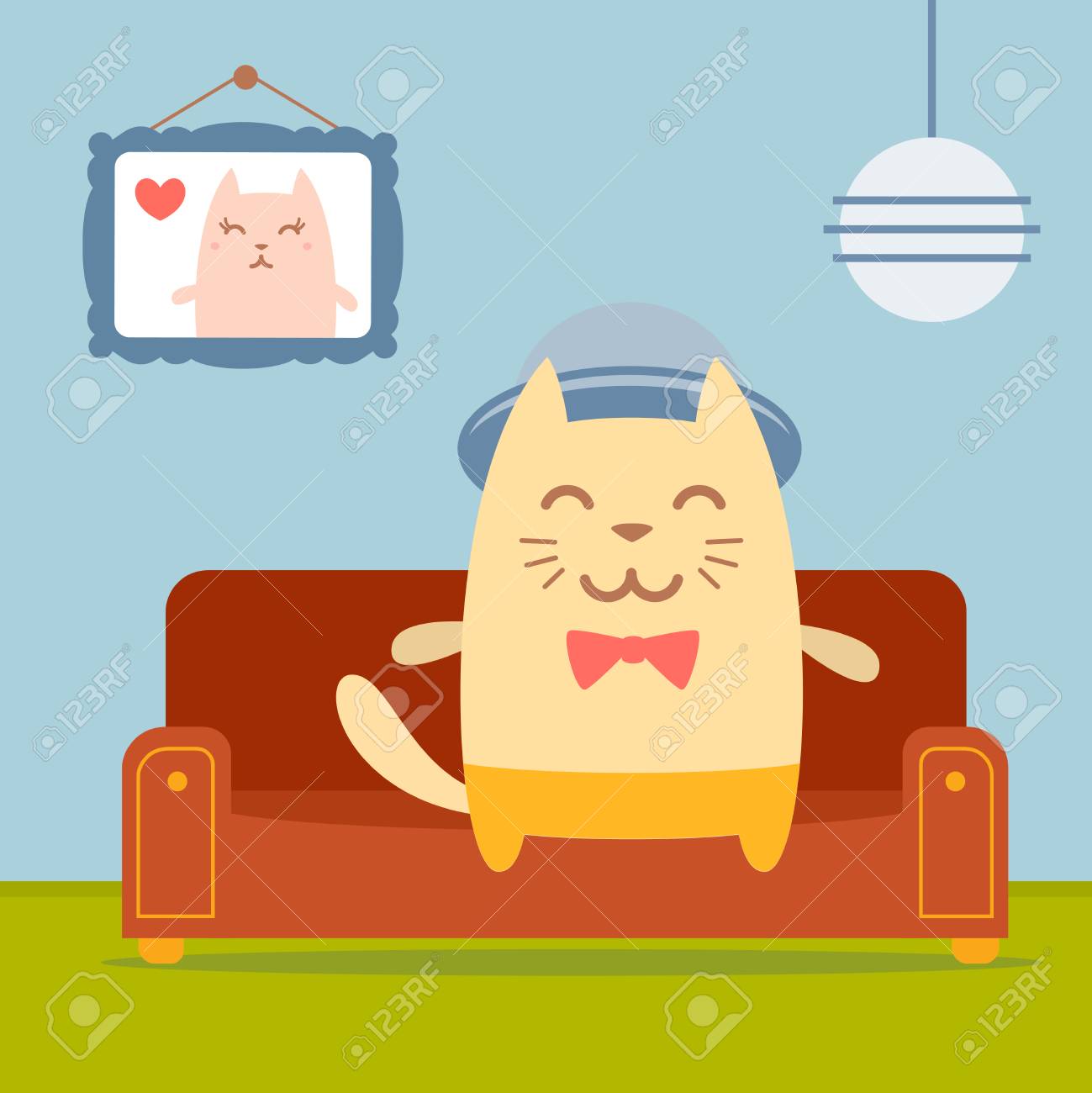 Musicien Du Personnage En Costume Chapeau Et Noeud Papillon Plat Colore Chat Male Est Assis Sur Un Canape Dans Une Appartement Confortable Clip Art Libres De Droits Vecteurs Et Illustration Image