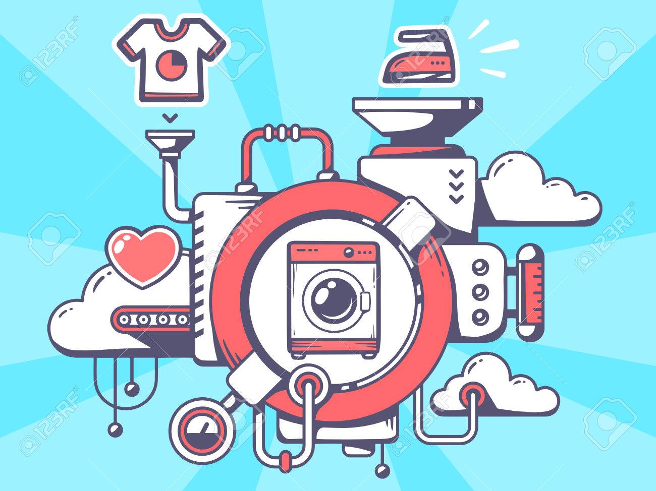 Vector illustration of mechanism with washing machine and relevant icons on blue background. Line art design for web, site, advertising, banner, poster, board and print. - 36269629 Vector illustration of mechanism with washing machine and relevant icons on blue background. Line art design for web, site, advertising, banner, poster, board and print. - 36269629