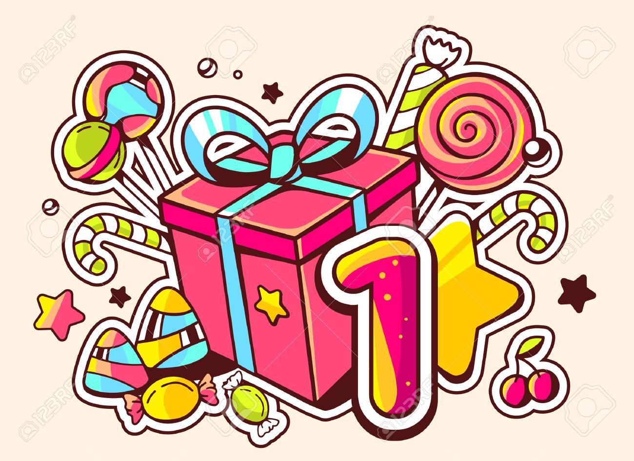Vector illustration of gift box and confection with number one on light background with star and dot. Hand drawn line art design for web, site, advertising, banner, poster, board and print. - 40062748 Vector illustration of gift box and confection with number one on light background with star and dot. Hand drawn line art design for web, site, advertising, banner, poster, board and print. - 40062748
