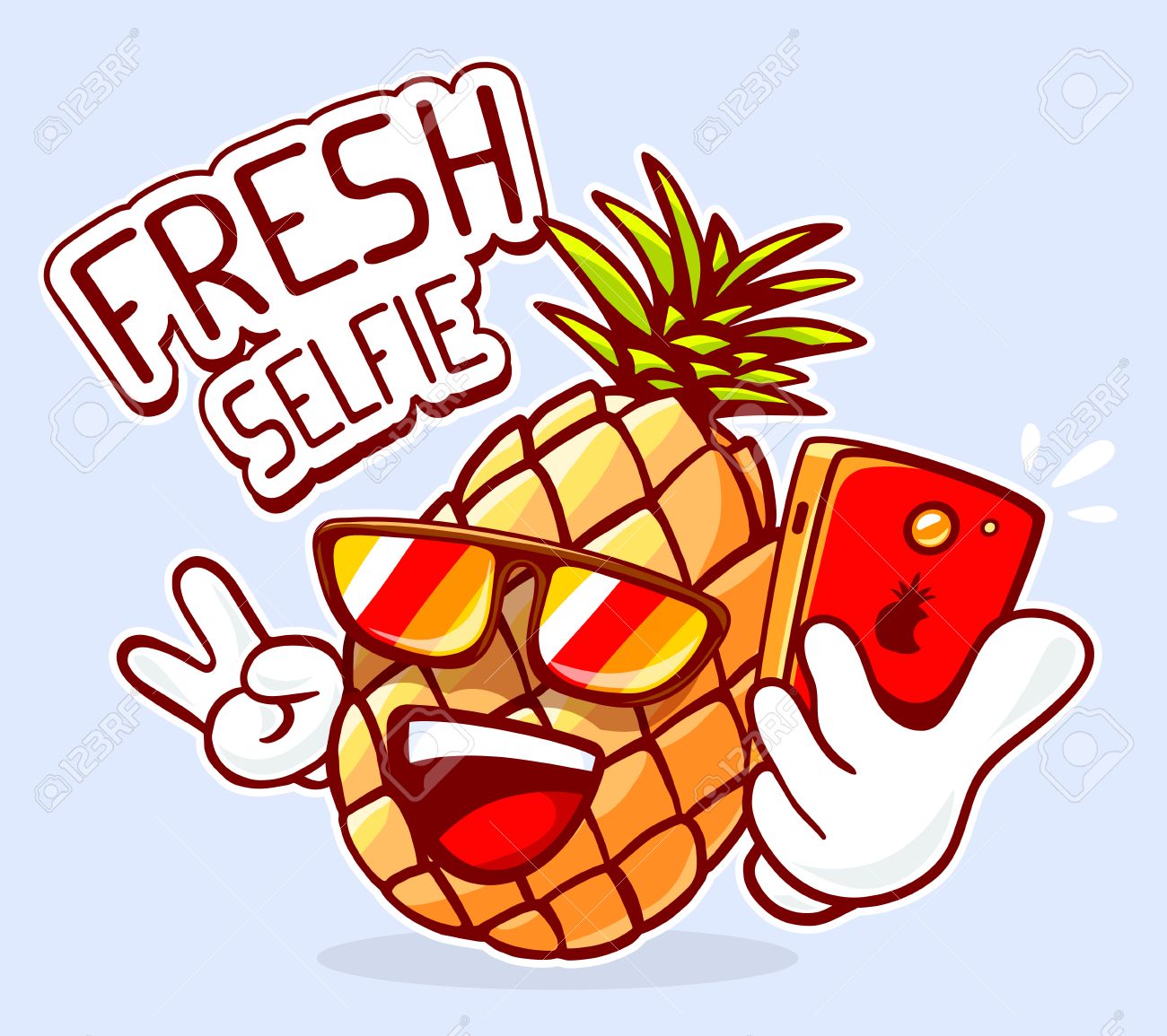 Vector illustration of colorful hipster pineapple with sunglasses taking selfie on blue background. Hand draw line art design for web, site, advertising, banner, poster, board and print. - 43888032 Vector illustration of colorful hipster pineapple with sunglasses taking selfie on blue background. Hand draw line art design for web, site, advertising, banner, poster, board and print. - 43888032