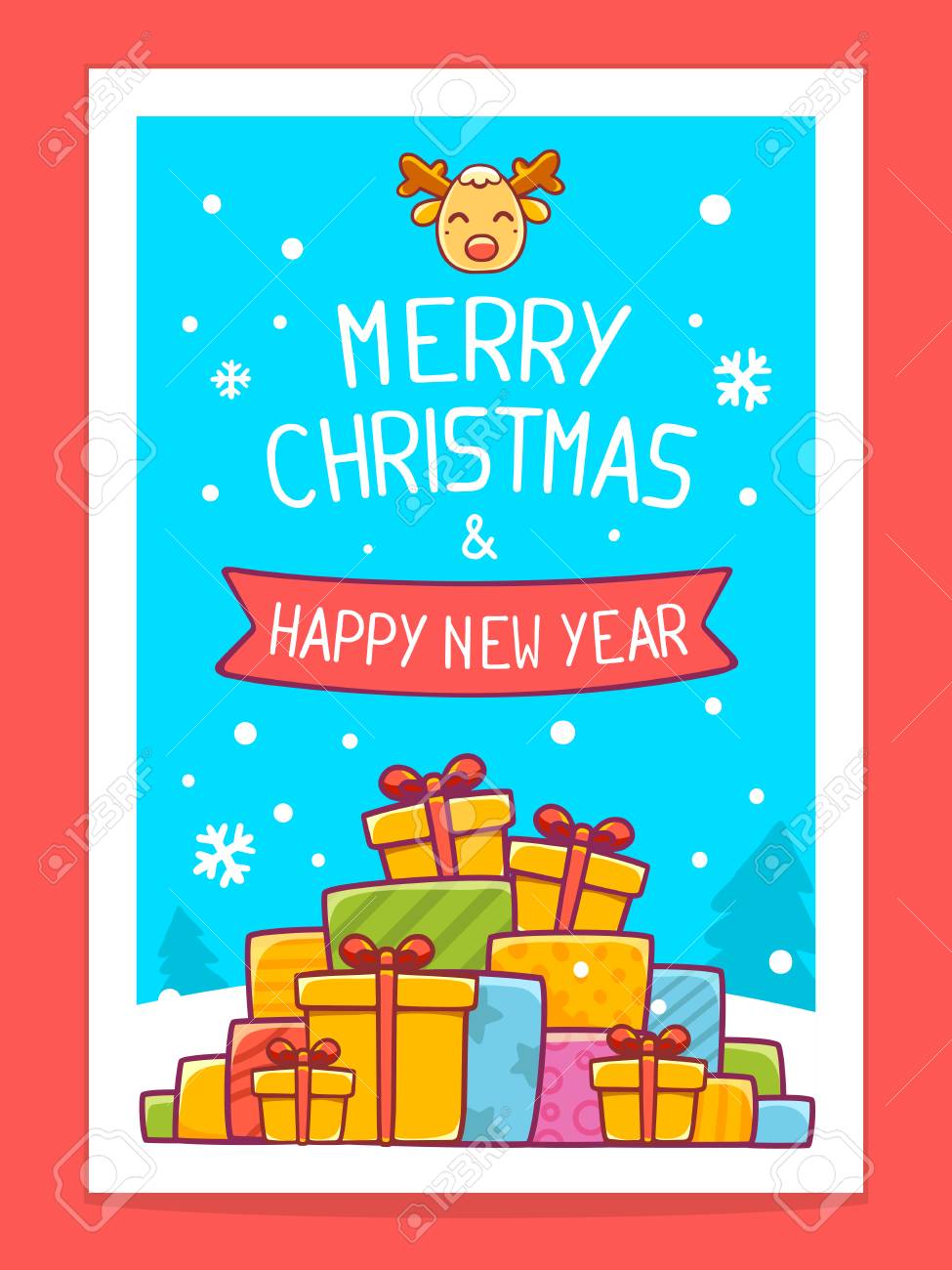 クリスマス プレゼントを白い雪と青い背景に手書きのテキストのカラフルな山のベクター イラストです 明るい色です 手描線アート デザインの Web サイト 広告 バナー ポスター ボード はがき 印刷 グリーティング カードです のイラスト素材 ベクタ Image