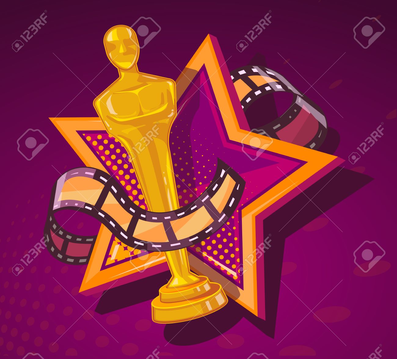 Vector illustration of yellow cinema award with big star and film reel on dark red background. Art design for web, site, advertising, banner, poster, flyer, brochure, board, paper print. - 52747014 Vector illustration of yellow cinema award with big star and film reel on dark red background. Art design for web, site, advertising, banner, poster, flyer, brochure, board, paper print. - 52747014