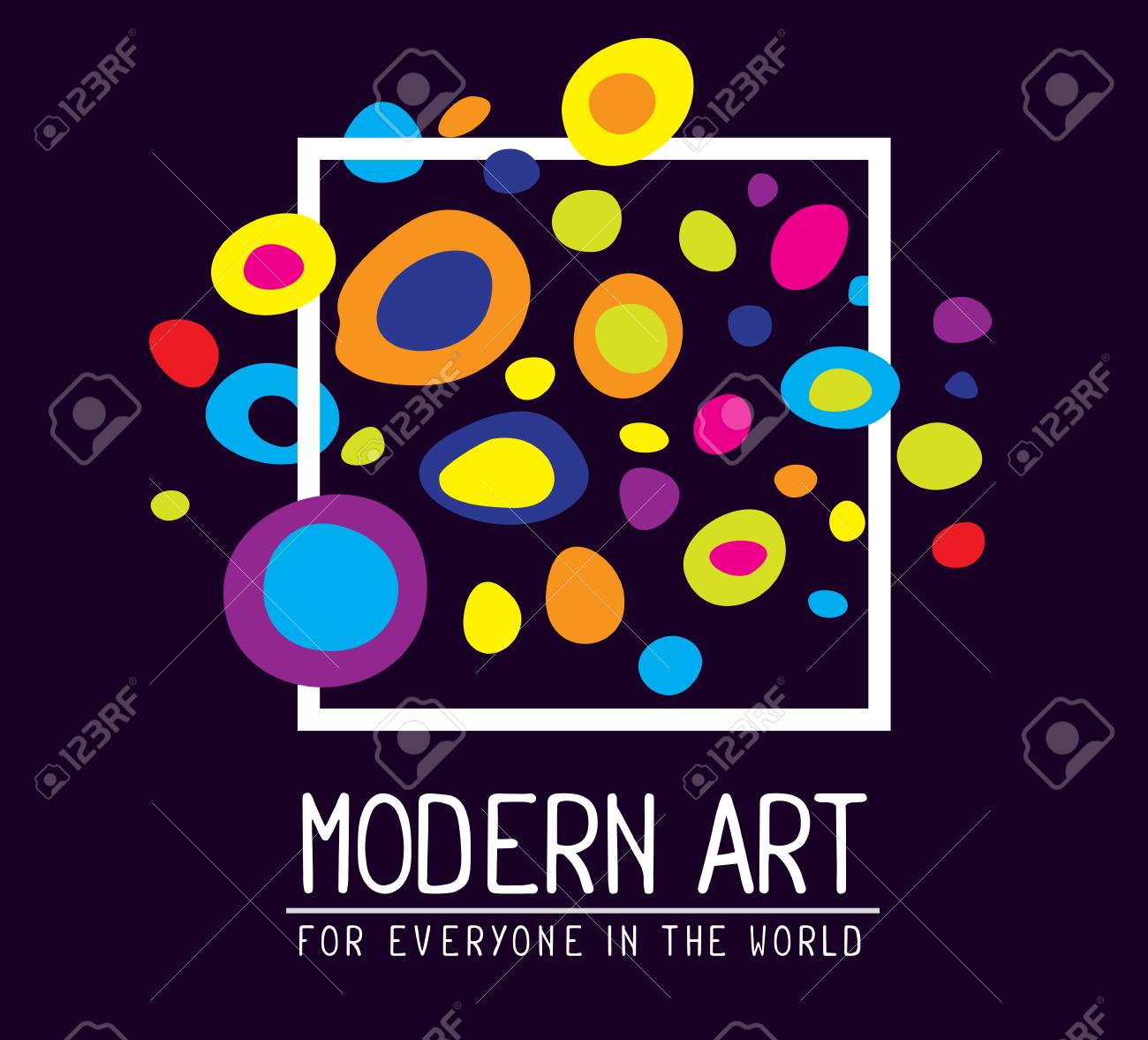 カラフルなスポット 暗い紫色の背景上のテキストとシンプルな白い正方形フレームのベクター イラストです Web サイト 広告 バナー ポスター チラシ パンフレット ボード カード 紙の印刷のアート デザイン の写真素材 画像素材 Image