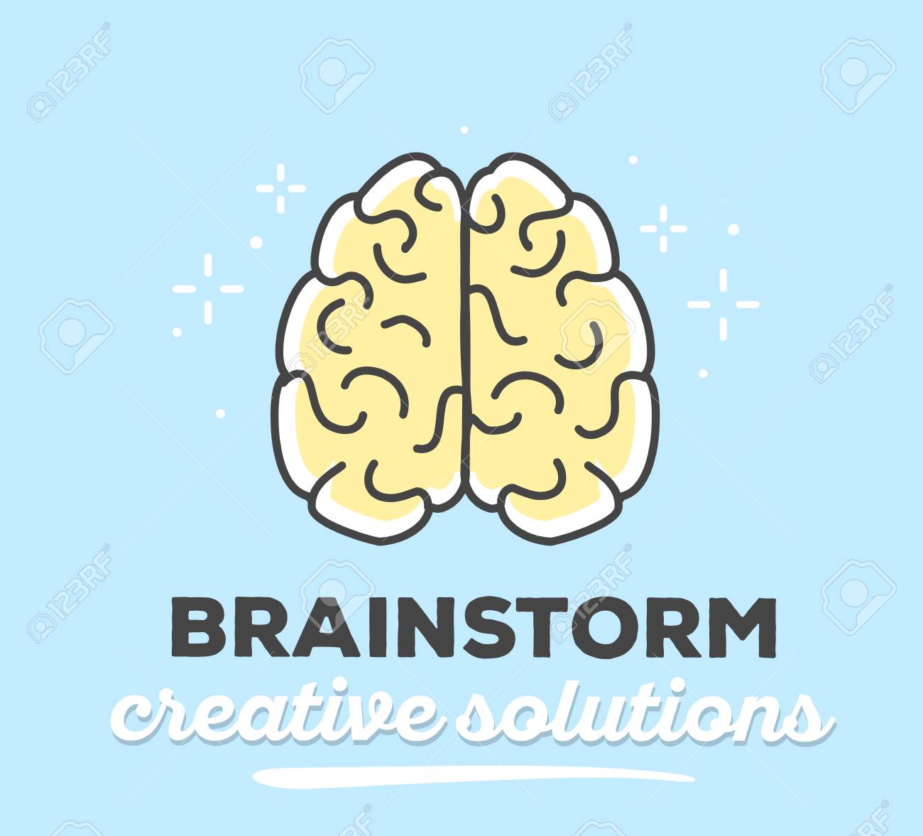 青い背景にテキストで創造的な脳のベクター イラストです 創造的なアイデアのコンセプトです 手描フラット細い黒線アート スタイルのテーマのアイデアと ひらめき脳黄色色の白黒デザインのイラスト素材 ベクタ Image