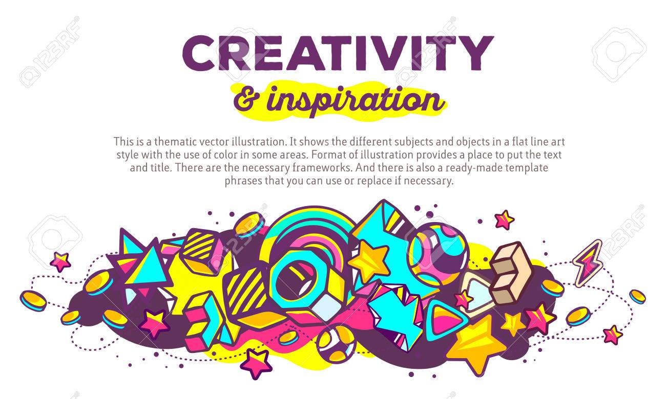 Vector Illustration Of Colorful Abstract Composition With Header And Text  On White Background. Creativity And Inspiration Concept Template. Line Art  Design For Web, Site, Banner, Poster, Board, Card, Paper Print, T-shirt.  Royalty, image size:1300x780