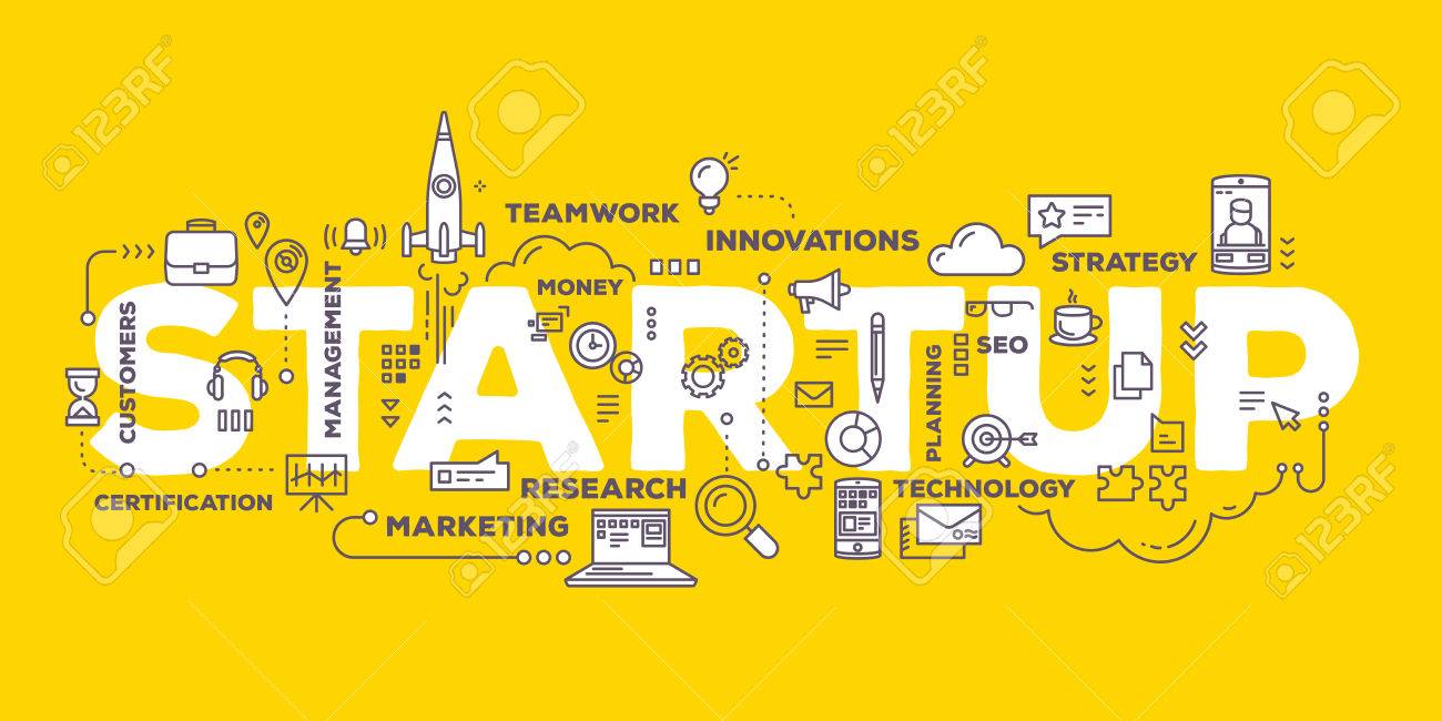 Vector creative illustration of business startup word lettering typography with line icons and tag cloud on yellow background. Startup technology concept. Thin line art style design for business startup, service development theme - 61326852 Vector creative illustration of business startup word lettering typography with line icons and tag cloud on yellow background. Startup technology concept. Thin line art style design for business startup, service development theme - 61326852