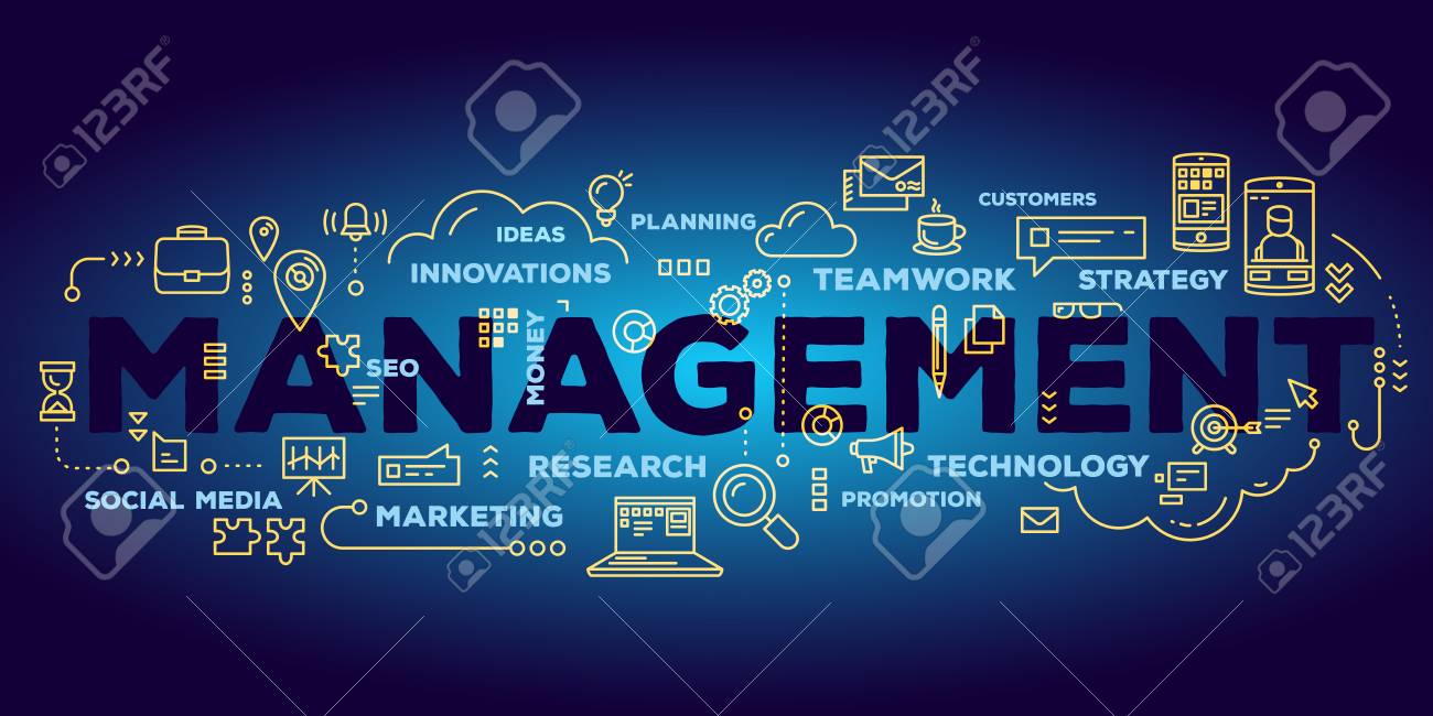 Vector Creative Illustration Of Management Word Lettering Typography With  Line Icons And Tag Cloud On Dark Blue Gradient Background. Business Time,  Risk Management Technology Concept. Thin Line Art Style Design For Business
