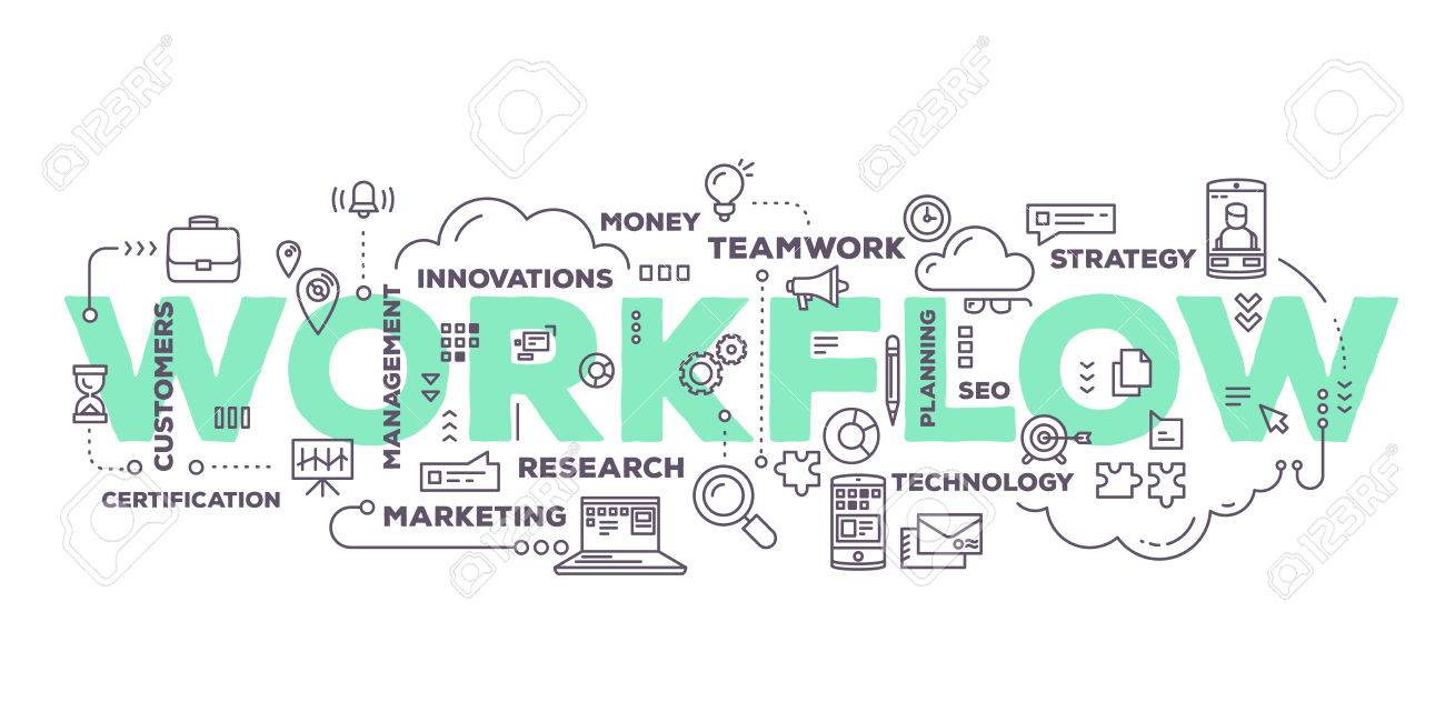 Vector creative illustration of workflow word lettering typography with line icons and tag cloud on white background. Business workflow technology concept. Thin line art style design for business workflow, plan, management theme - 61327724 Vector creative illustration of workflow word lettering typography with line icons and tag cloud on white background. Business workflow technology concept. Thin line art style design for business workflow, plan, management theme - 61327724