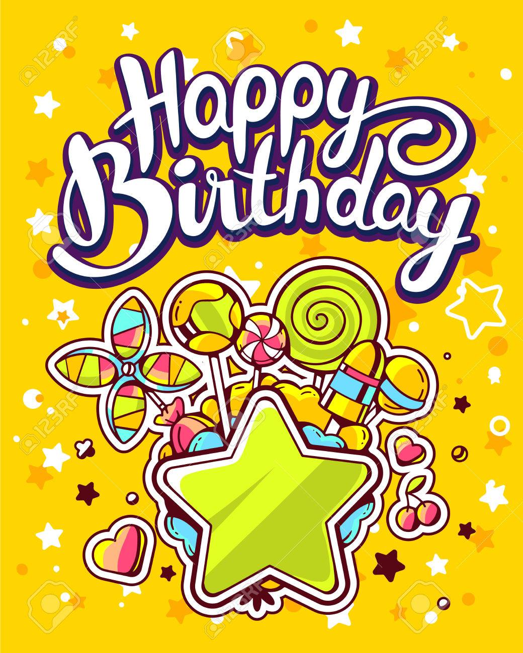 Vector Illustration Colorée Créative Détoile Verte Tas De Bonbons Et Texte Joyeux Anniversaire Sur Fond Jaune Avec Des étoiles Et Des Points Modèle