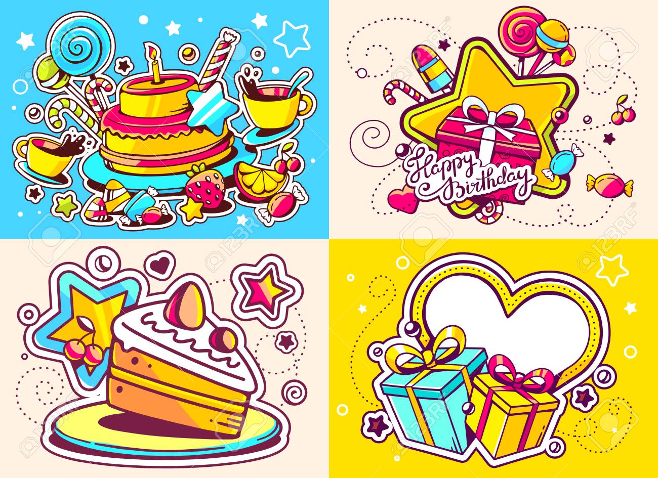ギフト ボックス ケーキ 星と他の甘さ テキストの背景の色 誕生日おめでとう誕生日イラスト ベクトル創造的なカラフルなセット 幸せな誕生日のテンプレート フラット スタイル手描きアート甘い食べ物カード ポスター バナーの設計のイラスト素材 ベクタ Image ギフト ボックス ケーキ 星と他の甘さ テキストの背景の色 誕生日おめでとう誕生日イラスト ベクトル創造的なカラフルなセット 幸せな誕生日のテンプレート フラット スタイル手描きアート甘い食べ物カード ポスター バナーの設計のイラスト素材 ベクタ Image