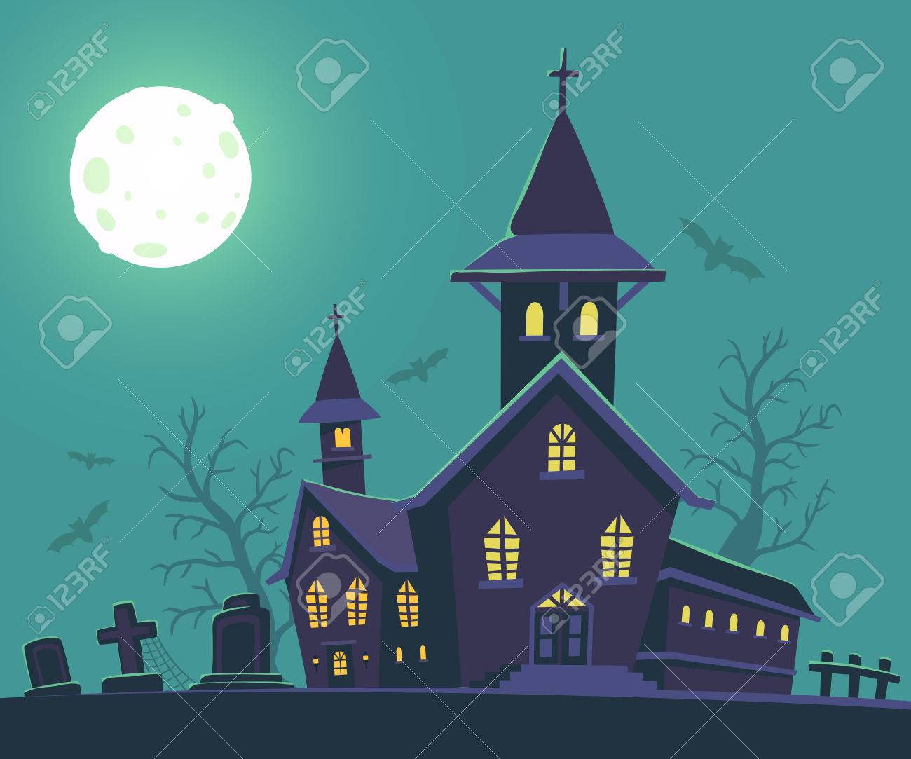 お化け屋敷 墓地 コウモリ 木が青の背景に満月のハロウィン イラストをベクトルします 怖い城ハロウィンのグリーティング カード ポスター Web サイト バナーのためのフラット スタイルのデザイン のイラスト素材 ベクタ Image