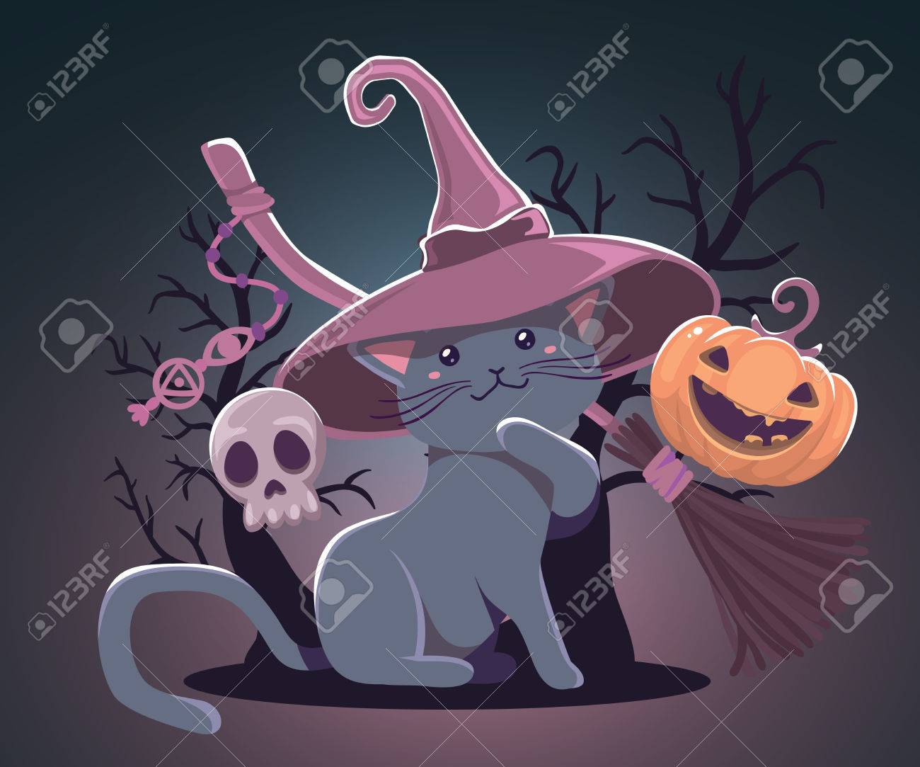 Vector Halloween Illustration With Orange Pumpkin Cat In Witch