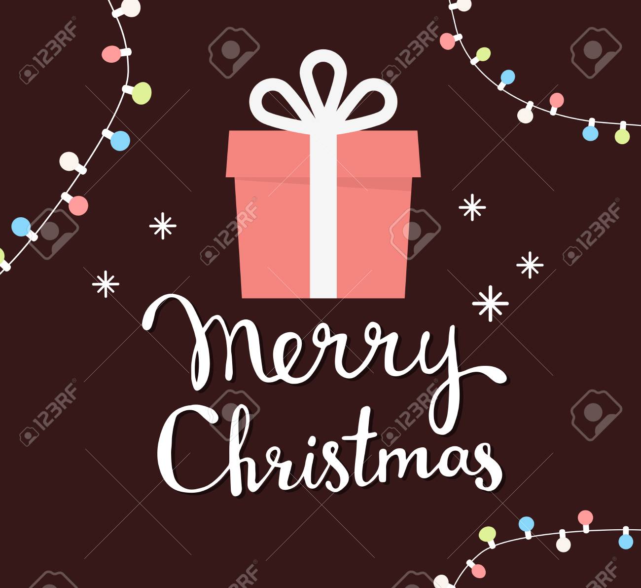 Vector Illustration Of Christmas Gift Box With Handwritten Text Merry  Christmas And Colorful Garland On Dark Background. Bright Color. Hand Draw  Flat Design For Web, Site, Banner, Poster, Print, Greeting Card Royalty