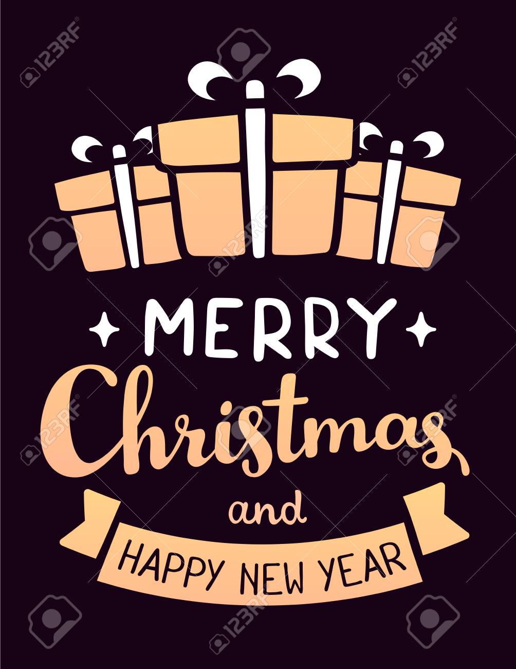 ベクトル イラスト弓 リボン 手書きのテキストとスタイリッシュなクリスマス ギフト ボックスの暗い背景上でメリー クリスマス フラット スタイル Web サイト バナー ポスター 印刷 グリーティング カードのデザイン のイラスト素材 ベクタ Image