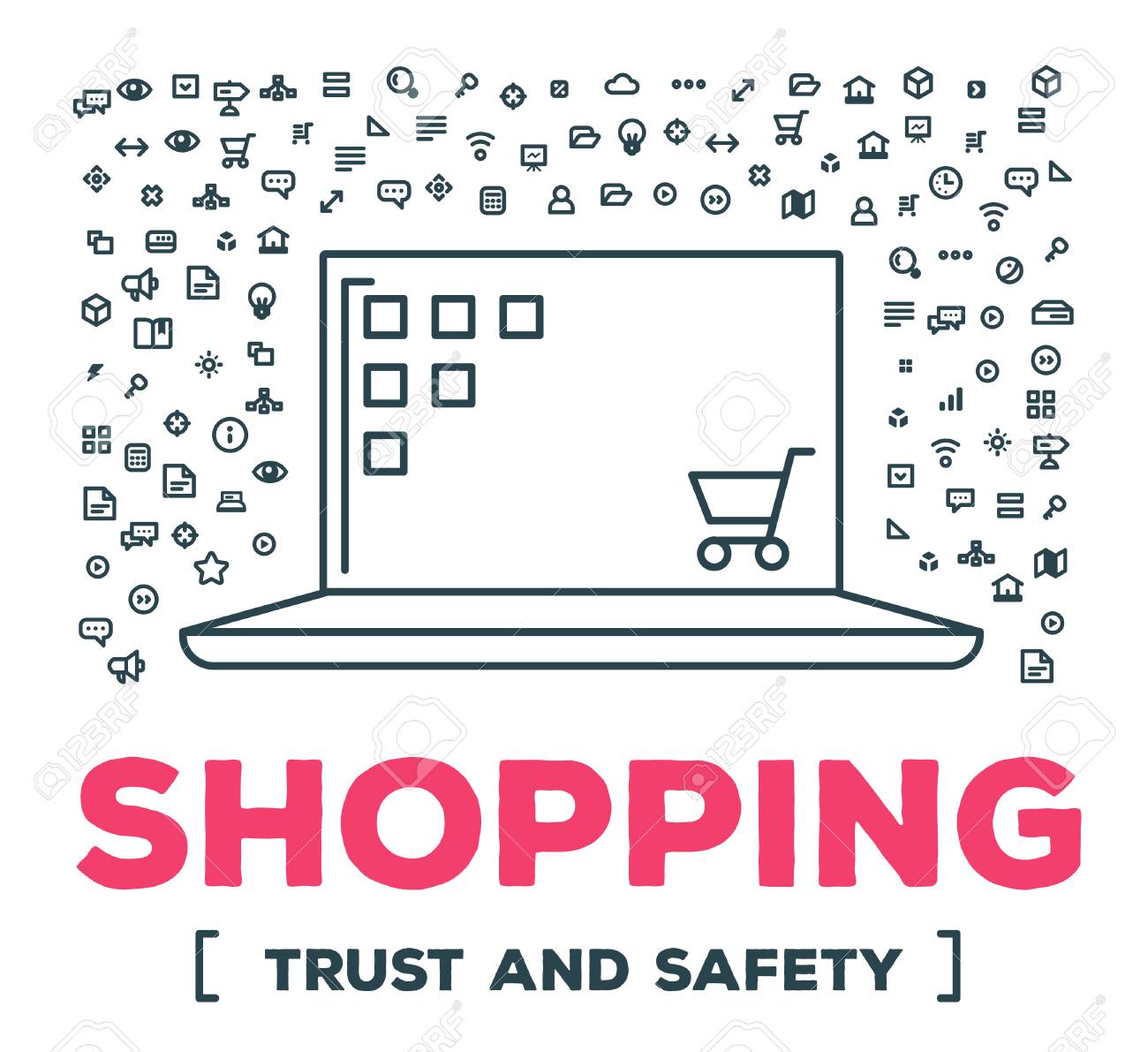 ベクトルで大きなラップトップのクリエイティブ イラストは背景白にライン アイコンと Word の文字体裁の設定 オンライン ショッピングの概念 E ショップ サービスとアプリケーションのための細い線アート スタイル デザインのイラスト素材 ベクタ Image