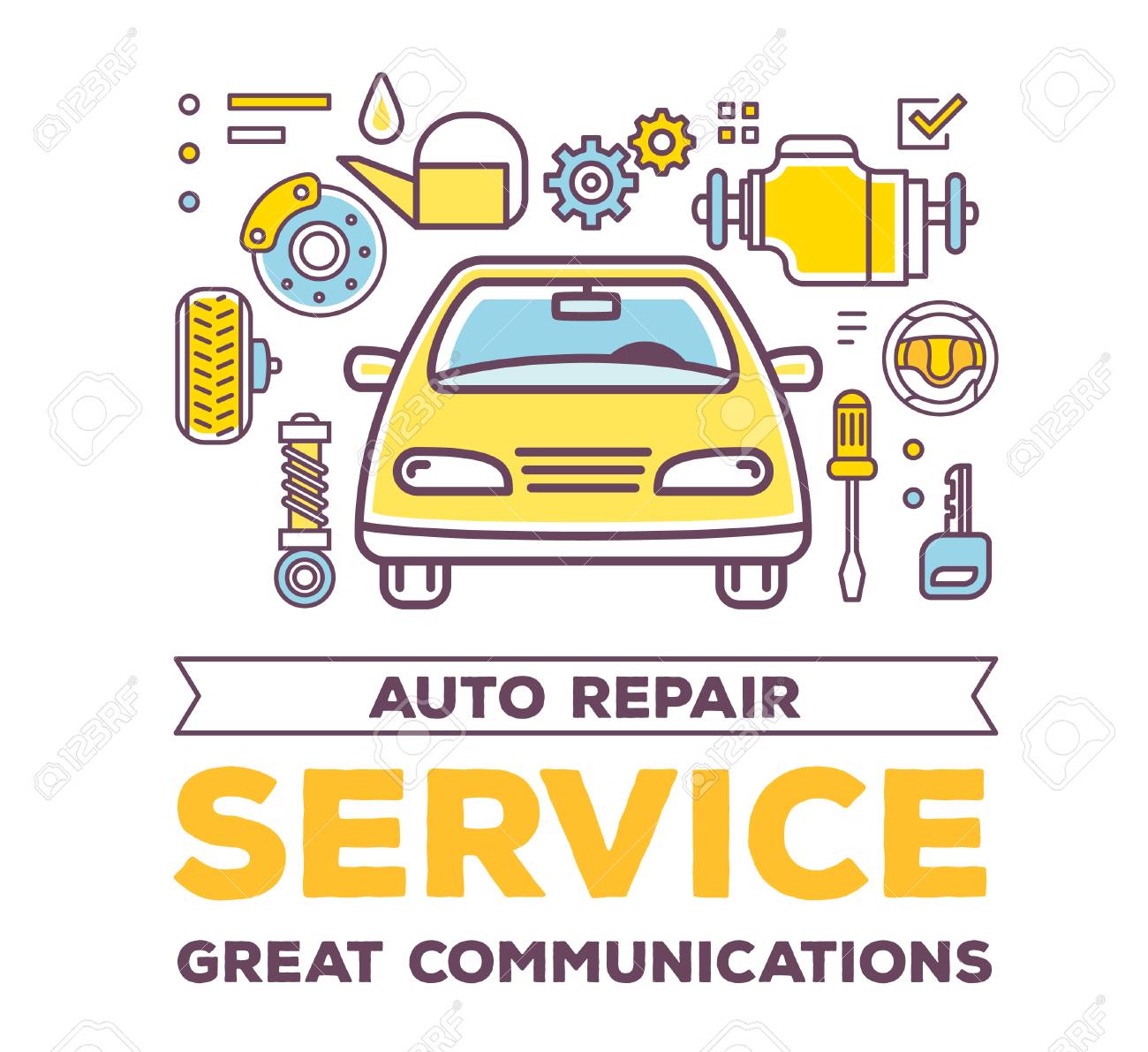 ベクトル線オブジェクトと正面車の創造的なイラストと 白の背景上のタイポグラフィの単語します 高品質車のサービスとメンテナンスのコンセプト 車の修理 洗浄 駐車場の薄いフラット ライン アート スタイル デザイン のイラスト素材 ベクタ Image